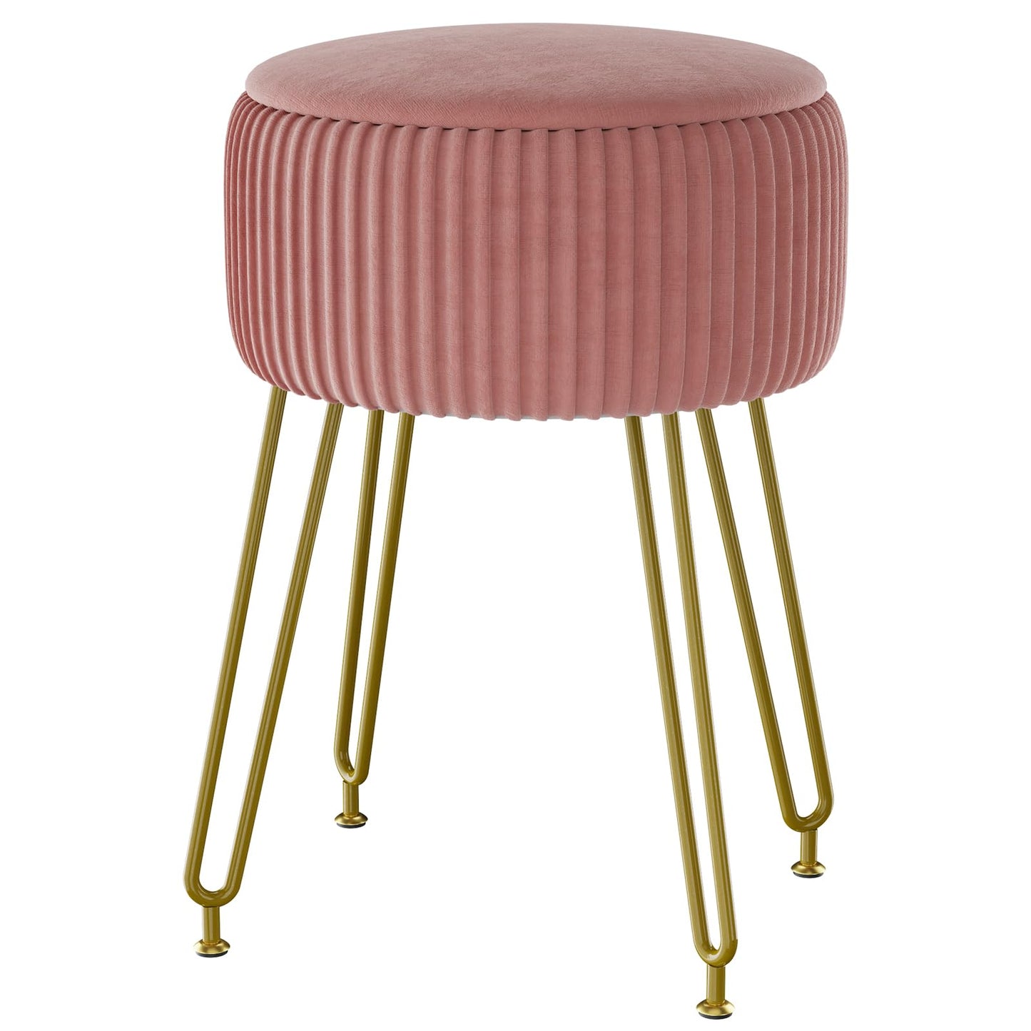 IBUYKE Velvet Storage Footrest Stool Ottoman, Makeup Vanity Stool Side Table with Golden Steel Legs Removable Cover, Coffee Table Top Cover, Pink LG-20P