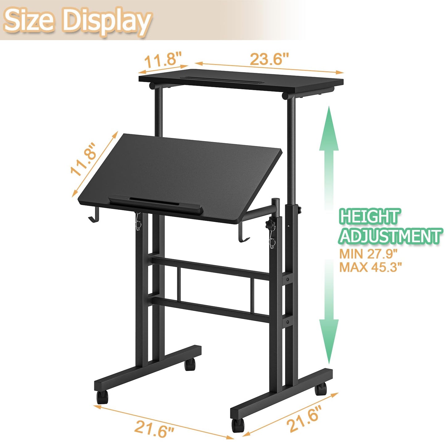 Klvied Height Adjustable Mobile Standing Desk, Tiltable Laptop Desk with Cup Holder & Hook, Portable Rolling Desk with Lockable Casters, Home Office Workstation for Standing/Sitting, Black