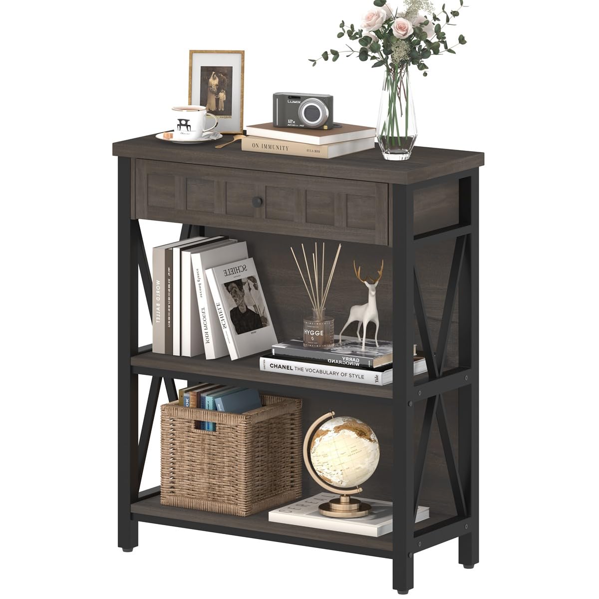 FATORRI Rustic Small Bookshelf, Industrial Wood Book Shelf with Drawer, 3 Shelf Bookcase for Small Space, Low Book case for Living Room, Home Office (Walnut Brown)