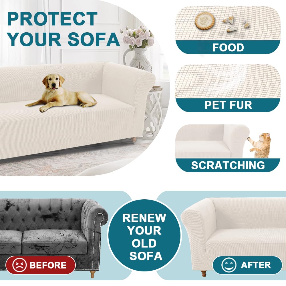 Turquoize Stretch Chesterfield Sofa Covers for Living Room Soft Sofa Couch Covers for 3 Cushion Couch Non-Slip Sofa Slipcover for Dogs Pet Furniture Protector Feature Jacquard Fabric (Sofa, Ivory)