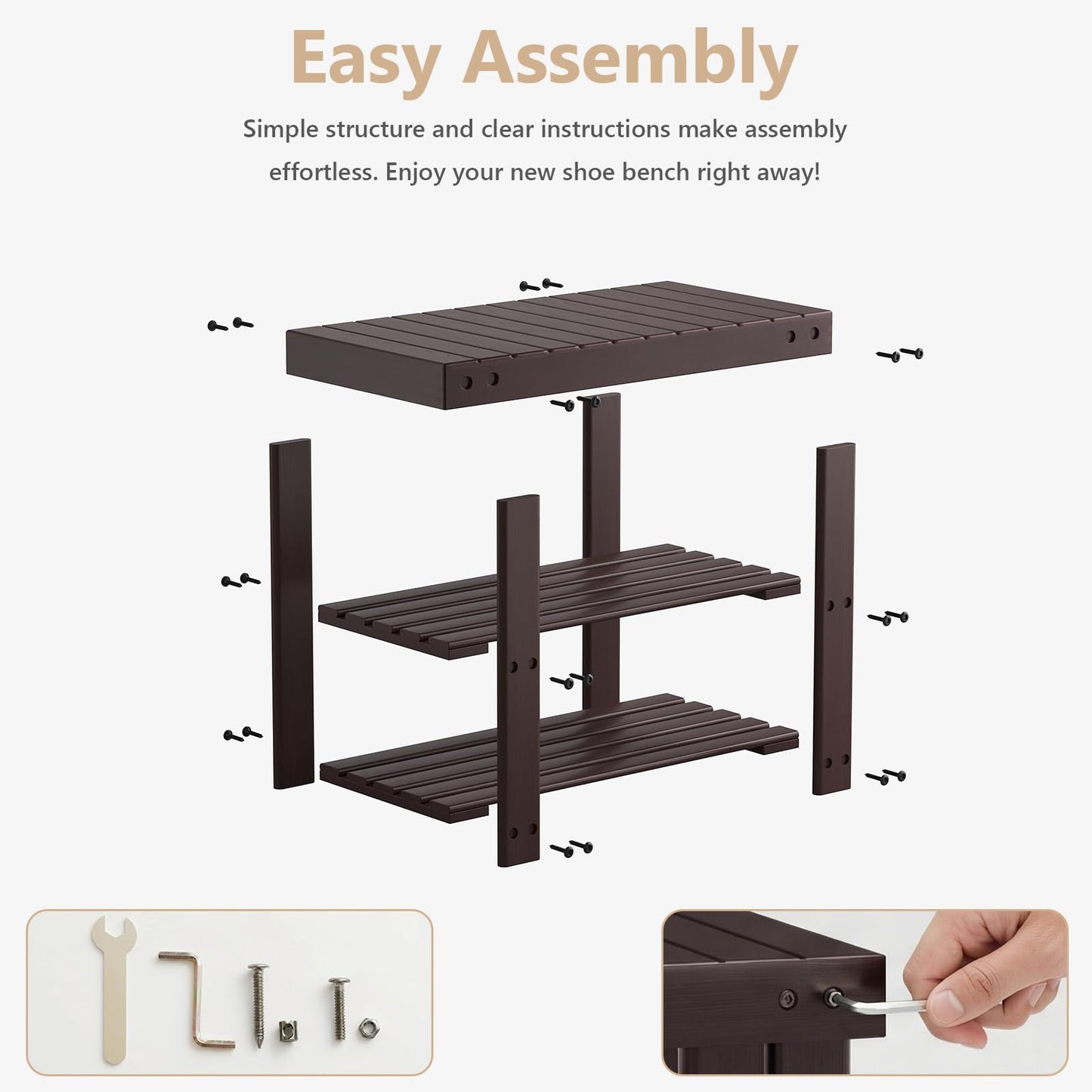 Sweetcrispy 3-Tier Shoe Rack Bench for Entryway, 286lb Capacity, Brown