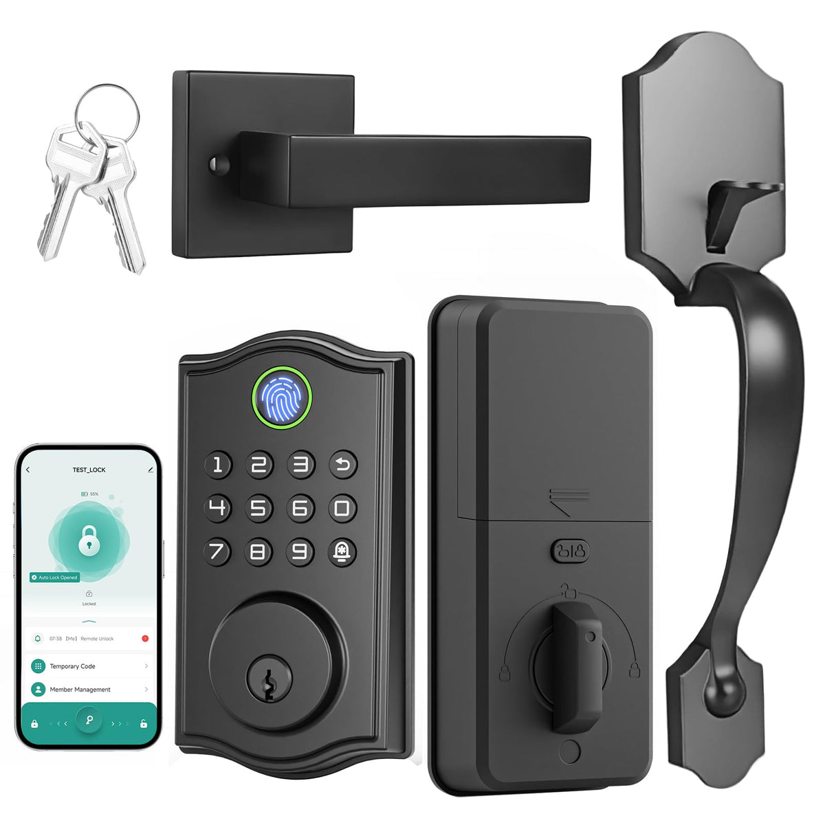 REETOMETAL Smart Front Door Lockset, Keyless Entry Deadbolt with Handle, Fingerprint/App/Code/Key Unlock, Anti-Peeping Keypad, Auto-Lock, Easy Install