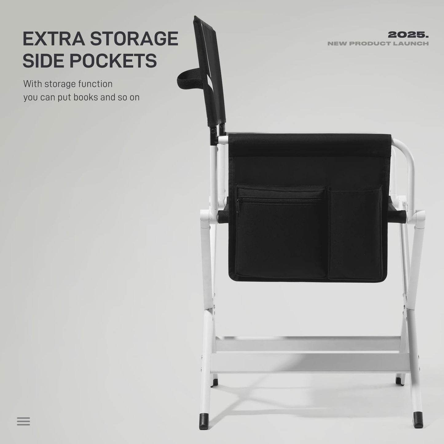 EVER ADVANCED Aluminum Directors Chair, Folding Studio Movie Chairs Camping Event Vendor Chair, 19" Seat Height Black Fabric/White Frame, Support 350lbs