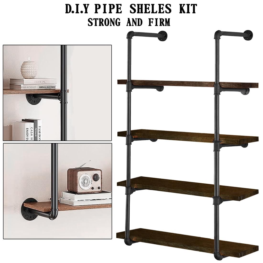 HITOMEN Industrial Iron Pipe Shelves, 2 Set 5-Tier, 55" Tall, 12" Depth, DIY Open Bookshelf Bookcase, Wall Mounted Vintage Retro Shelving, Rustic Farmhouse Pantry Kitchen Storage, Black Shelf Brackets