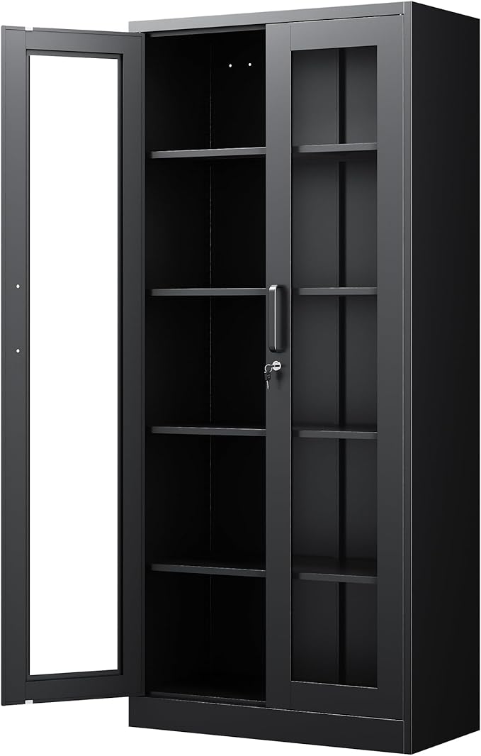 PEUKC Display Cabinet with Glass Doors, 71 Inches Metal Display Case with 4