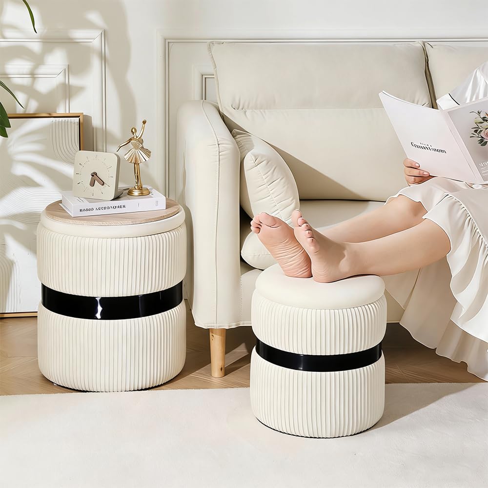 2BYF Velvet Round Ottoman Set of 2 with Storage, 12 Gallon Hidden Storage Ottoman, Multi-Functional Footrest Stool, Vanity Seat, Coffee Table, No Assembly Required, Holds 300lbs, (White)