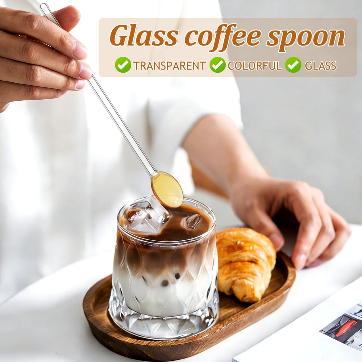 UPKOCH 6Pcs Glass Mixing Spoons Long Handle Heat Resistant Clear Dessert Spoons for Kitchen Home Cafe Use