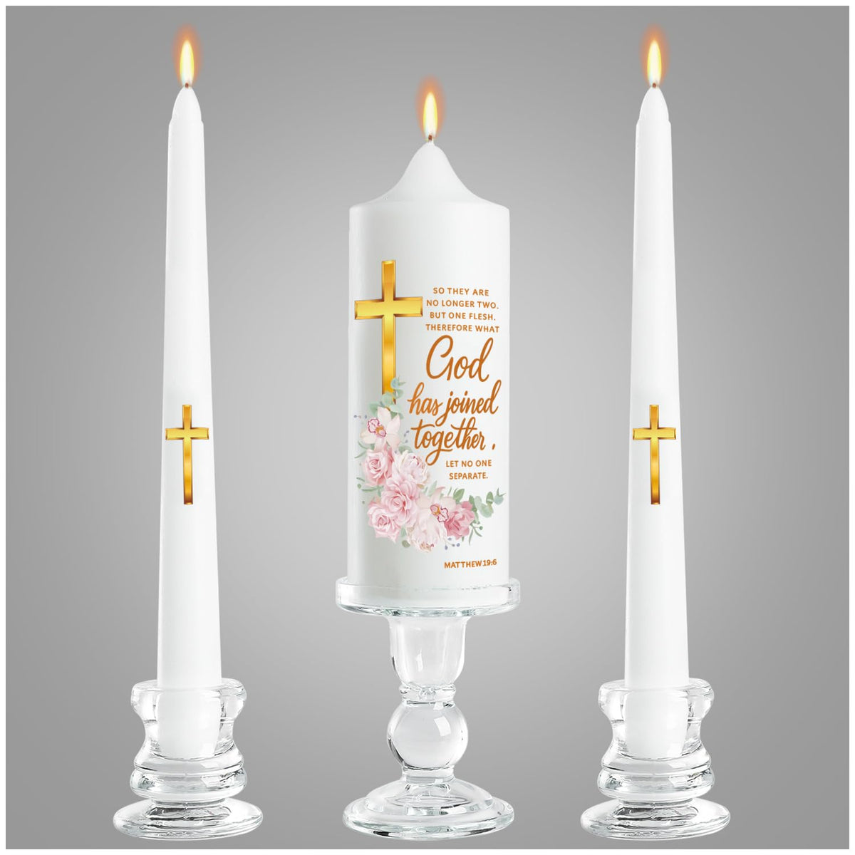 Musgsfbbs Wedding Candles for Ceremony with Glass Holders, Unity Wedding Candle Set with Matthew 19:6 & Gold Cross, Floral Pillar Candles for Catholic Wedding, Anniversary & Vow Renewal