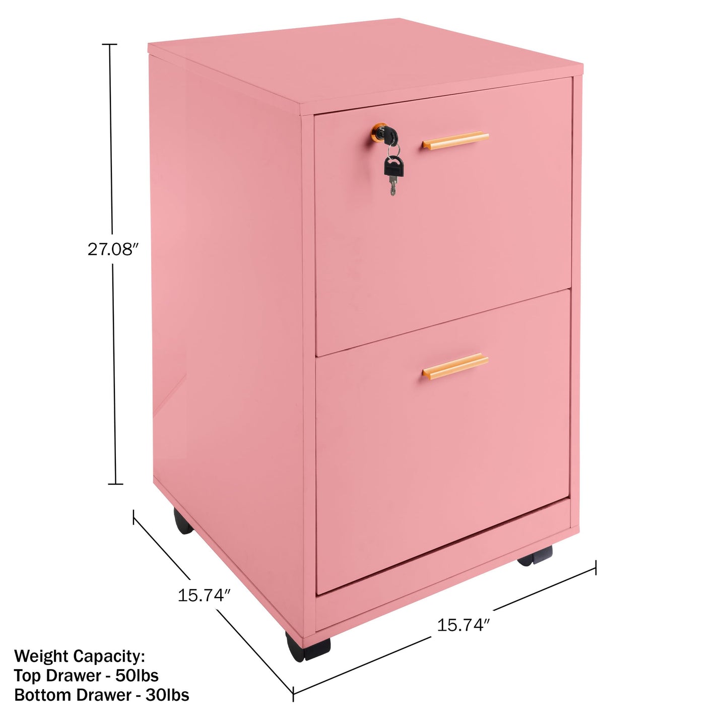 Lavish Home 2 Drawer File Cabinet - Filing Cabinet with Lock - Rolling File Cabinet for Under Desk Storage - Wood Filing Cabinet for Home or Office Organization (Pink)