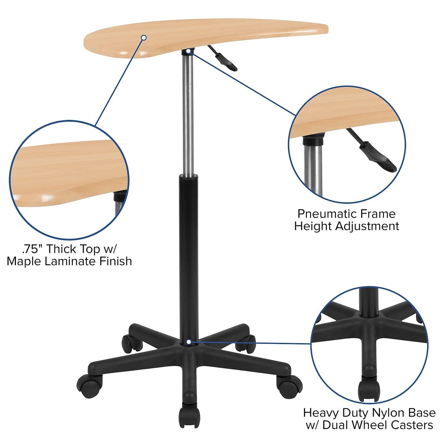 Flash Furniture Eve Maple Sit to Stand Mobile Laptop Computer Desk with Heavy Duty Nylon Base and Dual Wheel Casters