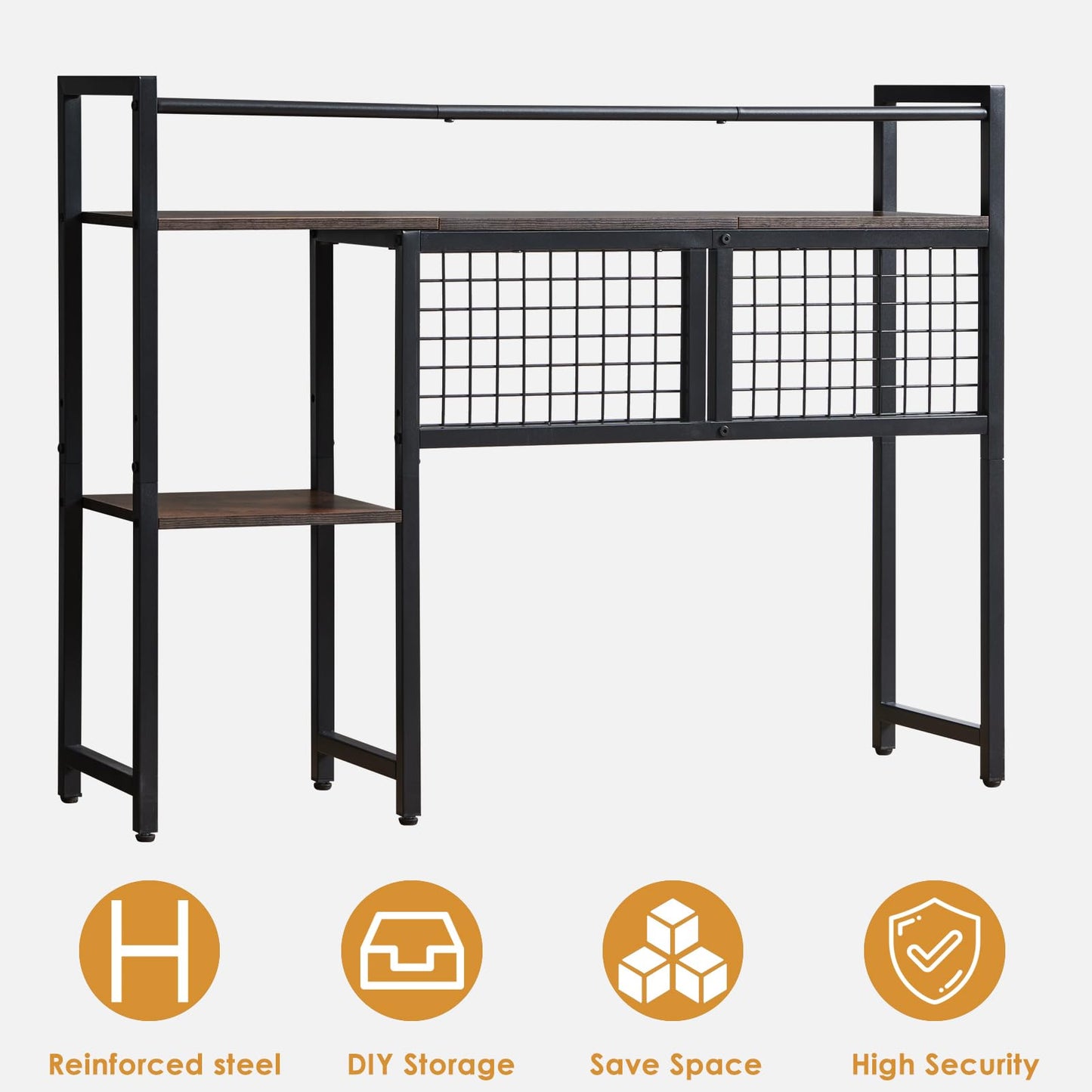 Grecodown 4-Tier Desk Hutch Shelf with Grid Panel, 39” Desktop Bookshelf for Monitor, Office & Home (Rustic Brown, 39")