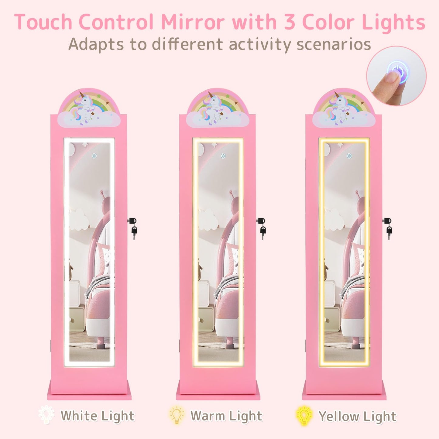 INFANS Kids Jewelry Armoire Cabinet with LED Lights, Lockable Standing Organizer with Full-length Mirror, Unicorn Theme Children Vanity Dress Up Storage Rack for Girls