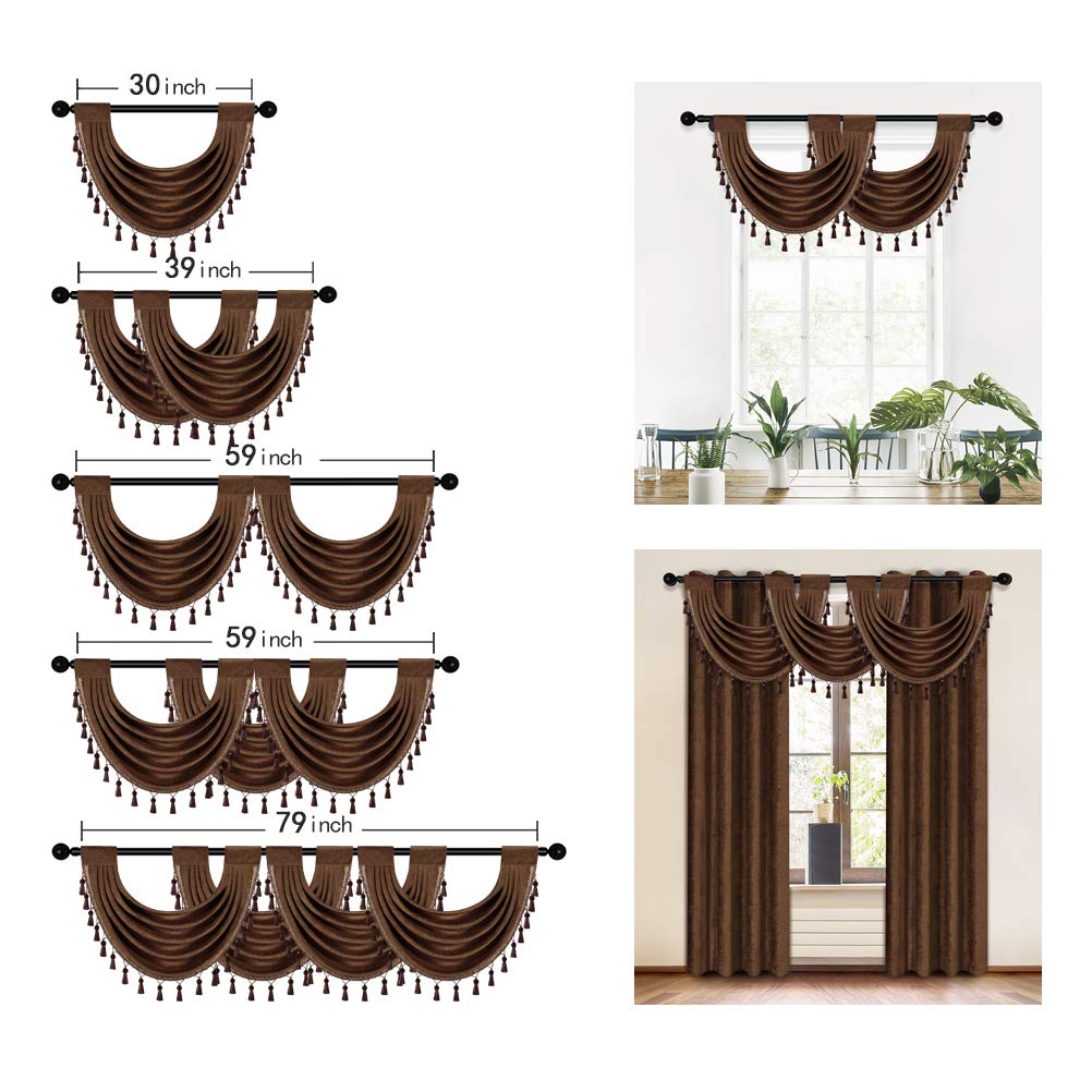 ELKCA Thick Chenille Waterfall Swag Valances for Living Room Chocolate Valance Curtains for Kitchen, Pack of 4(Chocolate, 30" W x 22" L)