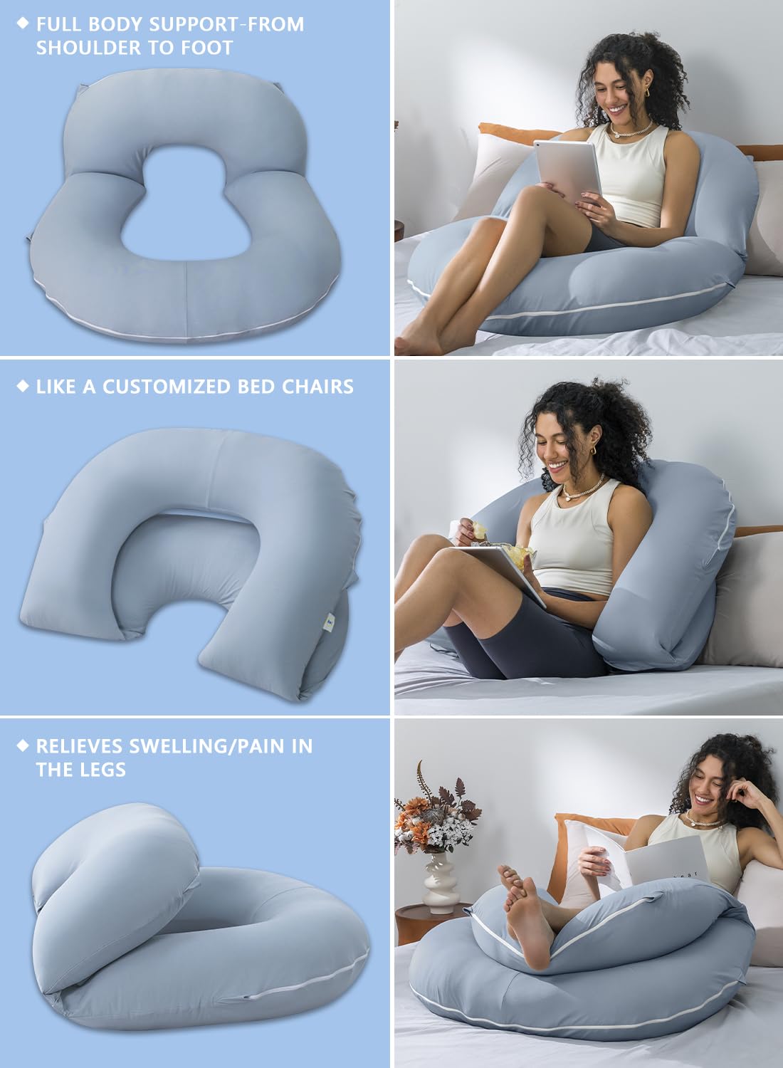 INSEN Reading Pillow, Back Pillow for Sitting in Bed for Reading, Nurse & Relax, Reading Pillow for Adults, Moms & Kids, Sit Up Pillow for Bed, Natural Blue
