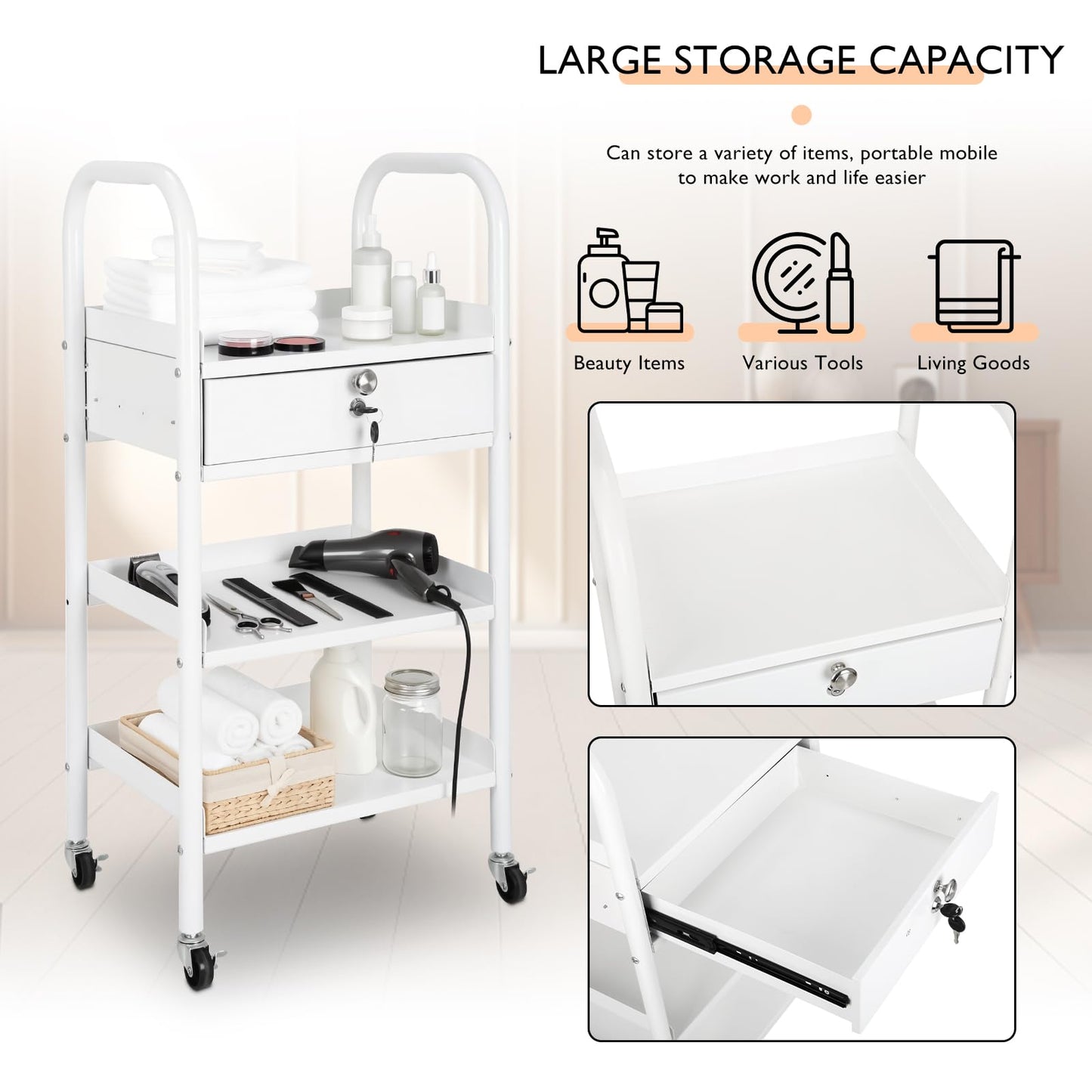 LEIBOU Beauty Salon Trolley Cart Hair Station with Wheels, Tray Cart with 1 Drawer & 2 Trays, Medical Esthetic Supply Holder for Massage Tattoo Facials