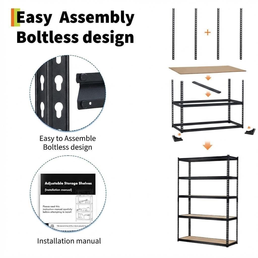 Heavy Duty 5-Tier Garage Storage Rack – Adjustable Metal Shelving Unit, 2500 lbs Capacity, 48"W x 24"D x 72"H, Boltless Steel Frame, MDF Boards – For Basement, Pantry, Laundry, Warehouse