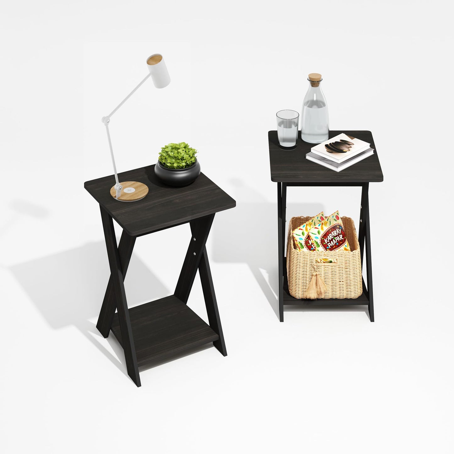 Furinno Modern Simplistic Side Table Set of 2, X-Legs End Table with Open Shelf, Criss-Crossed Night Stand, Bedside Table, for Living Room, Bedroom, Black Espresso
