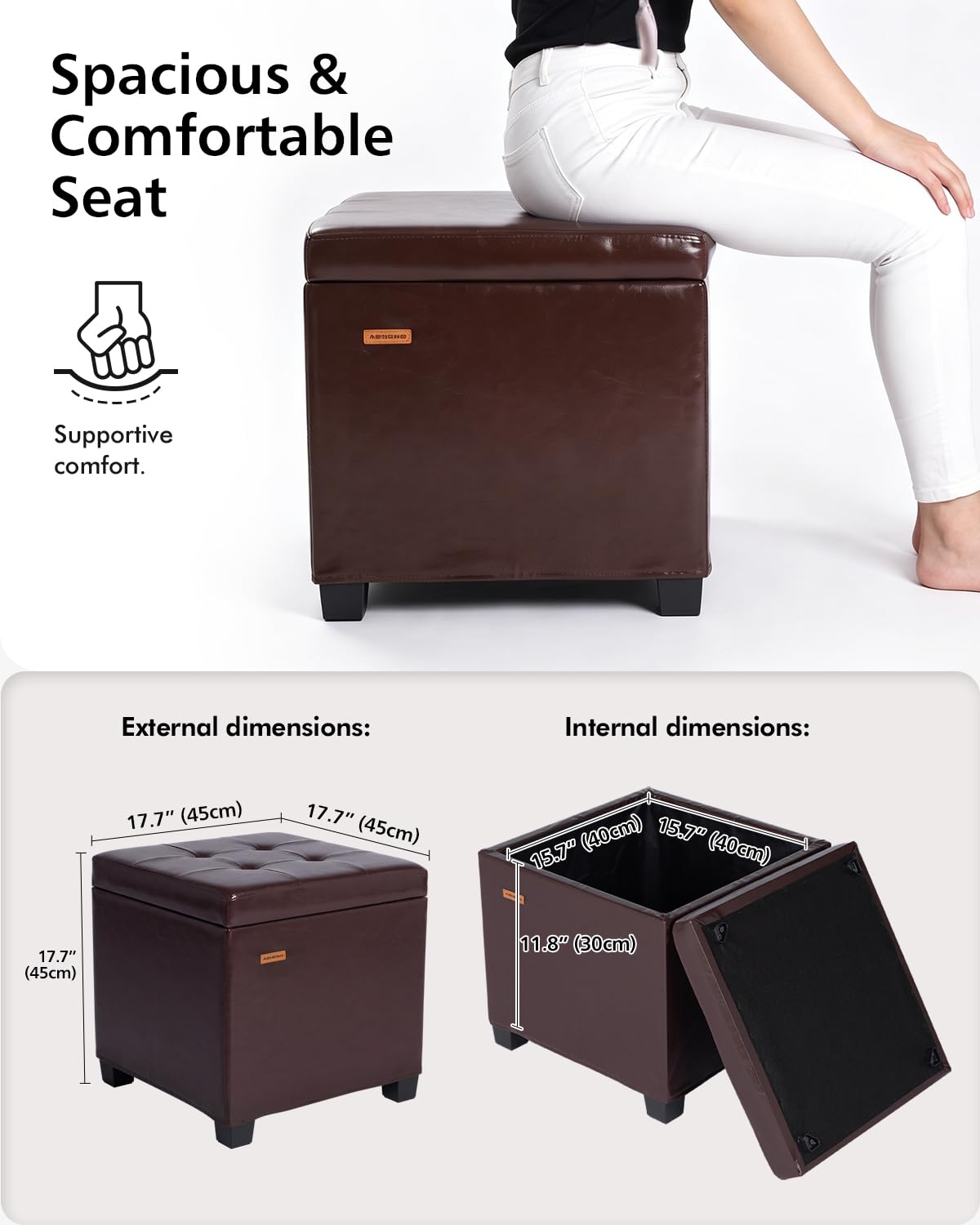 ABHENG Synthetic Leather Cover Steel Frame Ottoman with 48L Storage,17.7" x 17.7" x 17.7" Square Storage Ottoman Stool Cube with Legs,for Dorm Livingroom Brown UASND63R
