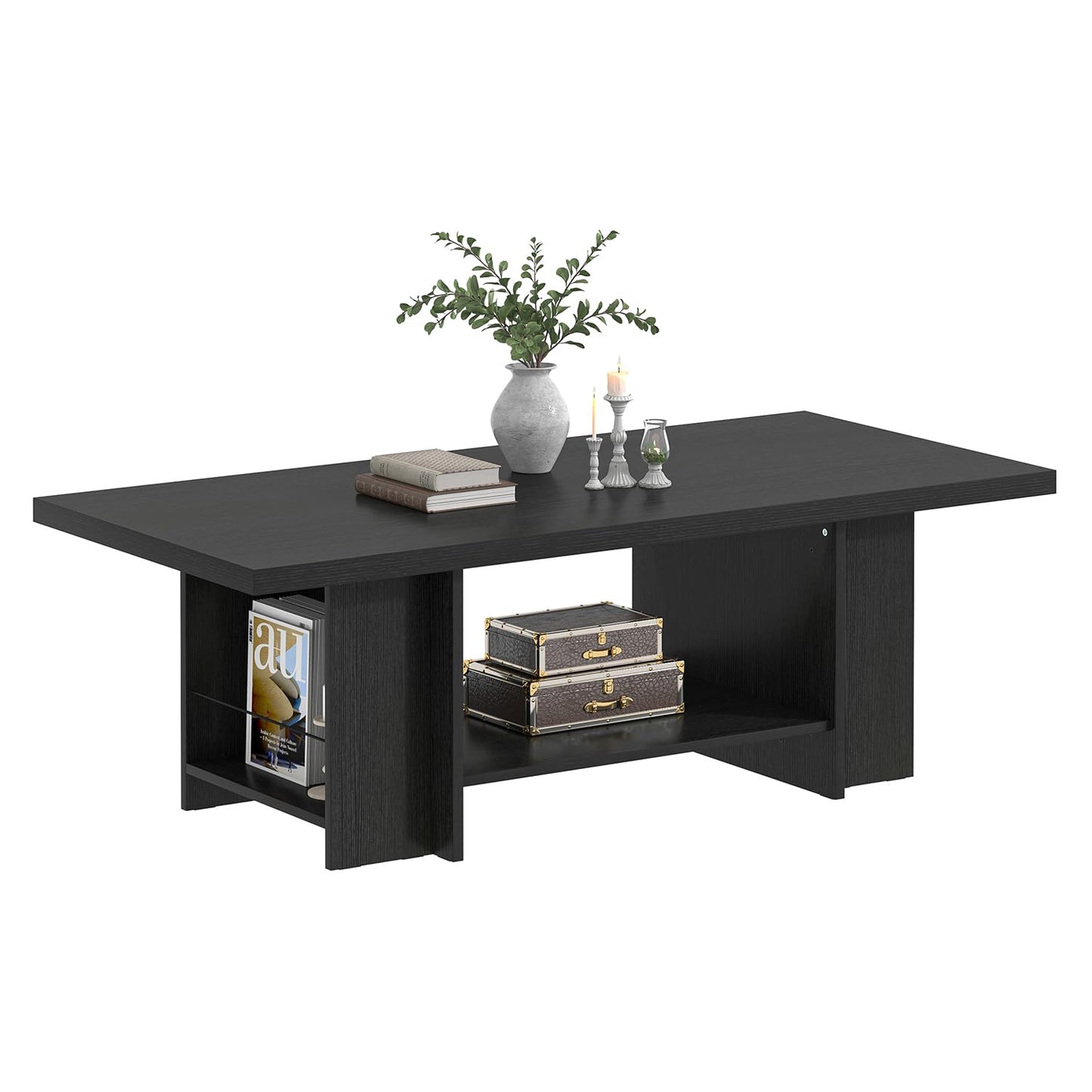 FOLUBAN Black Coffee Table with Storage Bottom Shelf & Side Shelves, Modern 2-Tier Living Room Center Table, Rectangular Wood Cocktail Tea Table for Home Office, 47 Inch