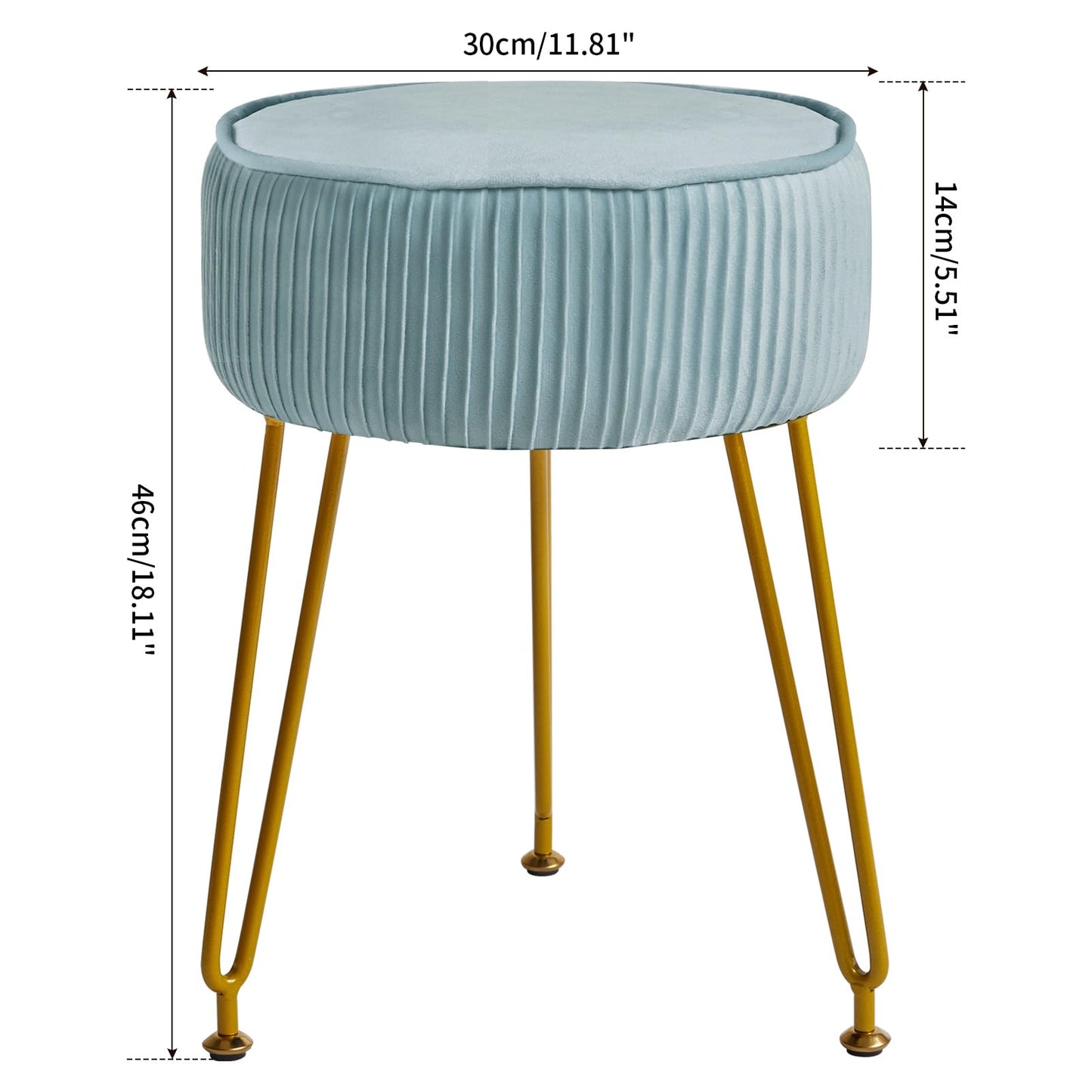 IBUYKE Velvet Round Footrest Stool Ottoman, Makeup Vanity Stool Side Table, Velvet Dressing Table Seat, Pouf Couch Stool, Golden Steel Legs, Blue LG-30H