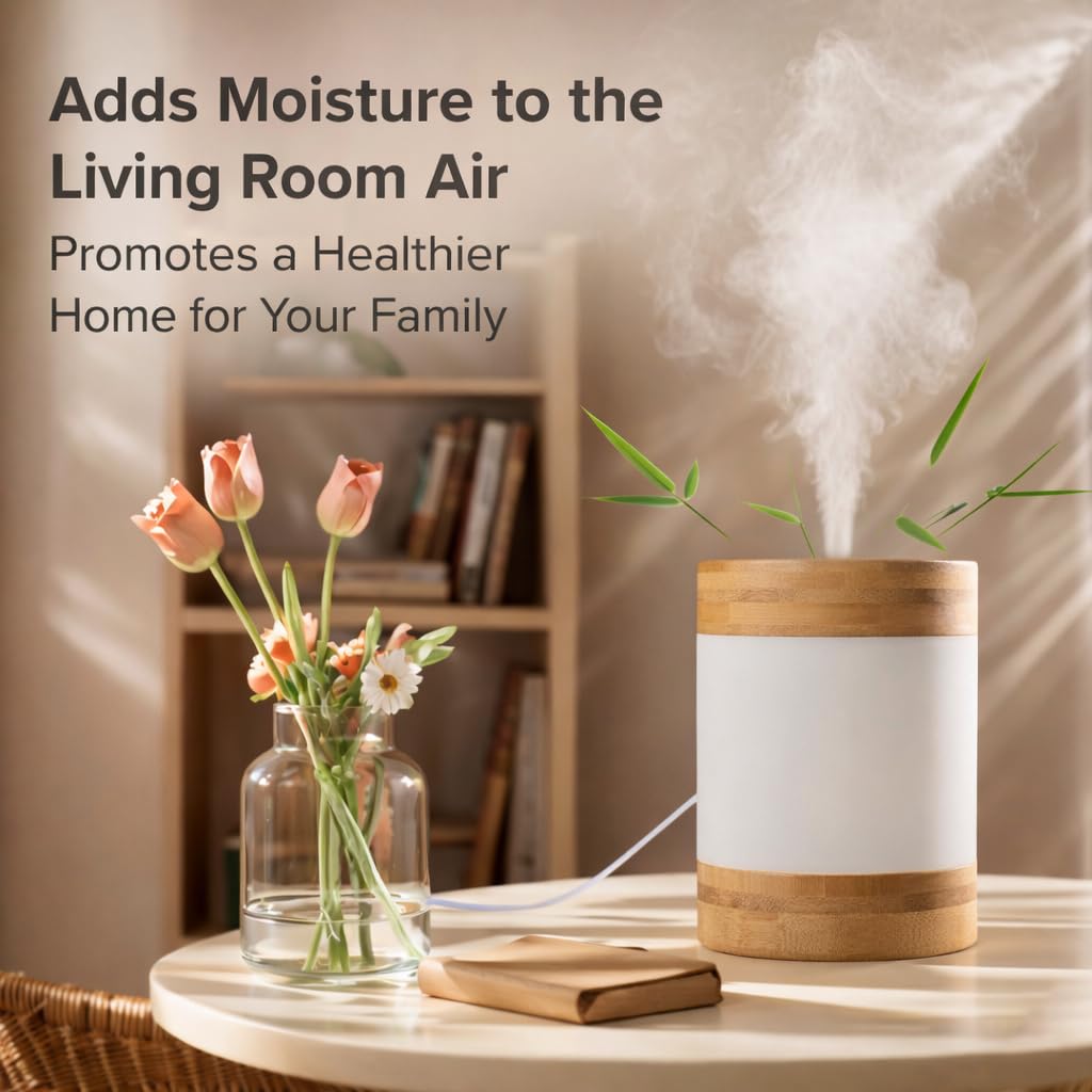 Bamboo Ultrasonic Mini Humidifier, 400ml Quiet Desktop Humidifier with Dual LED Night Light, USB-C Powered, Auto Shut-Off, Portable Small Room Air Moisturizer for Bedroom, Desk, Office & Travel