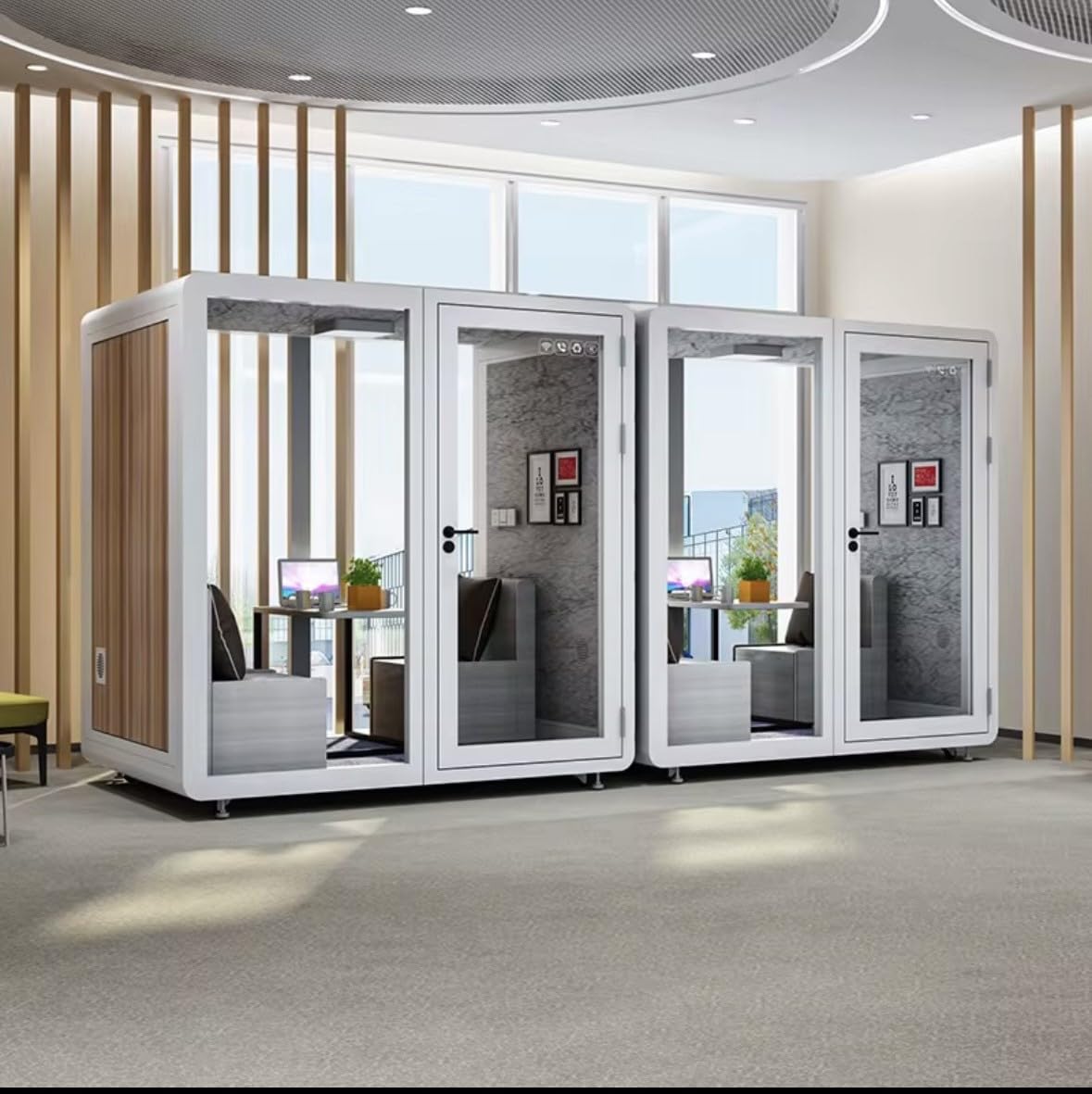 Sound Proof Mobile Office Pod Booth, Best for 4-6 People, Glass Door LED Lights, Includes Furniture & Table. Best for Private Meeting, Office, Phone Call, Piano, Study, Sleep & More (White)