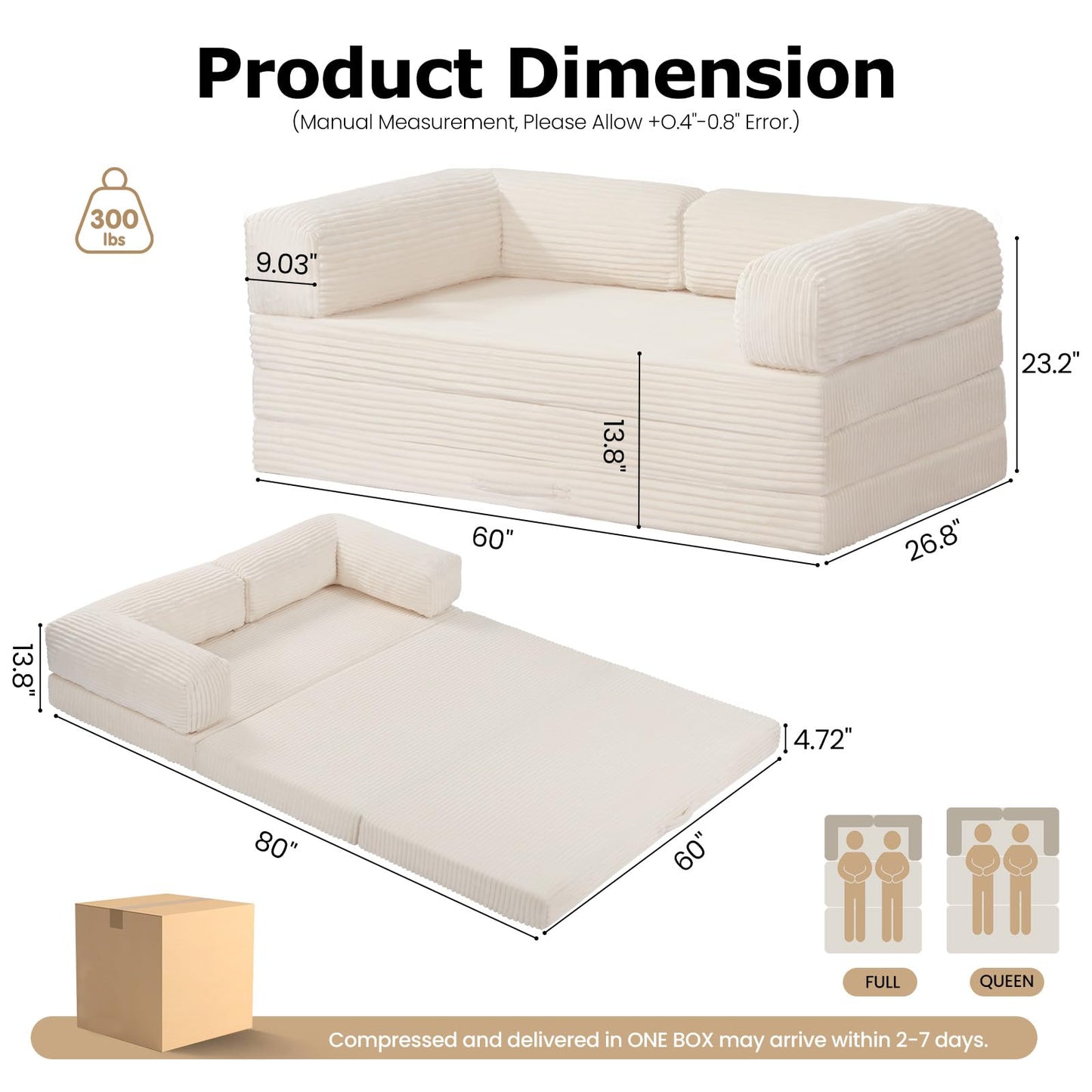 AOLVDOW Convertible Sofa Bed, Tri-Fold Foldable Mattress with Removable Arms & Washable Cover, Portable Mattress Futon Sofa Bed, No Assembly Required & Non-Slip, Queen Size, Beige