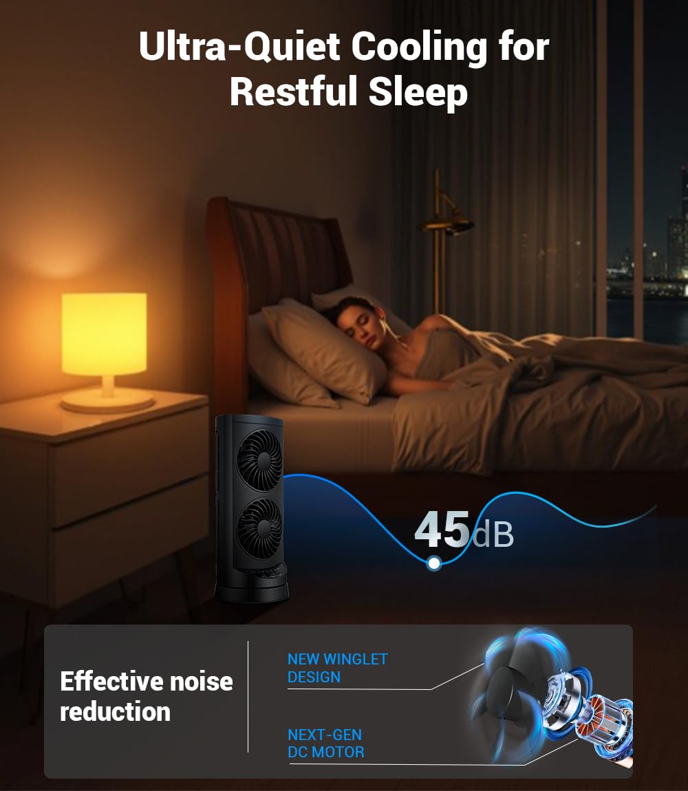 Personal Tower Fan for Bedroom, Portable Desk Table Fan，3 Speeds Cooling Standing Fan with 12H Timer, 60° & 110° Oscillating Floor Tower Fans That Blows Cold Air for Bedroom Office,Dark Grey