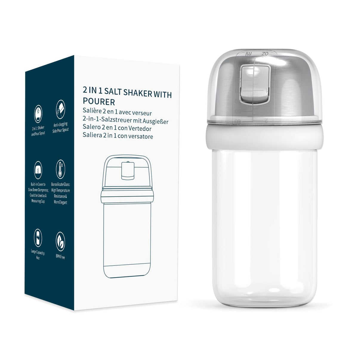 KITCHENDAO Large Acacia Salt Cellar Box and 2 in 1 Glass Salt Shaker with Side Pour Spout