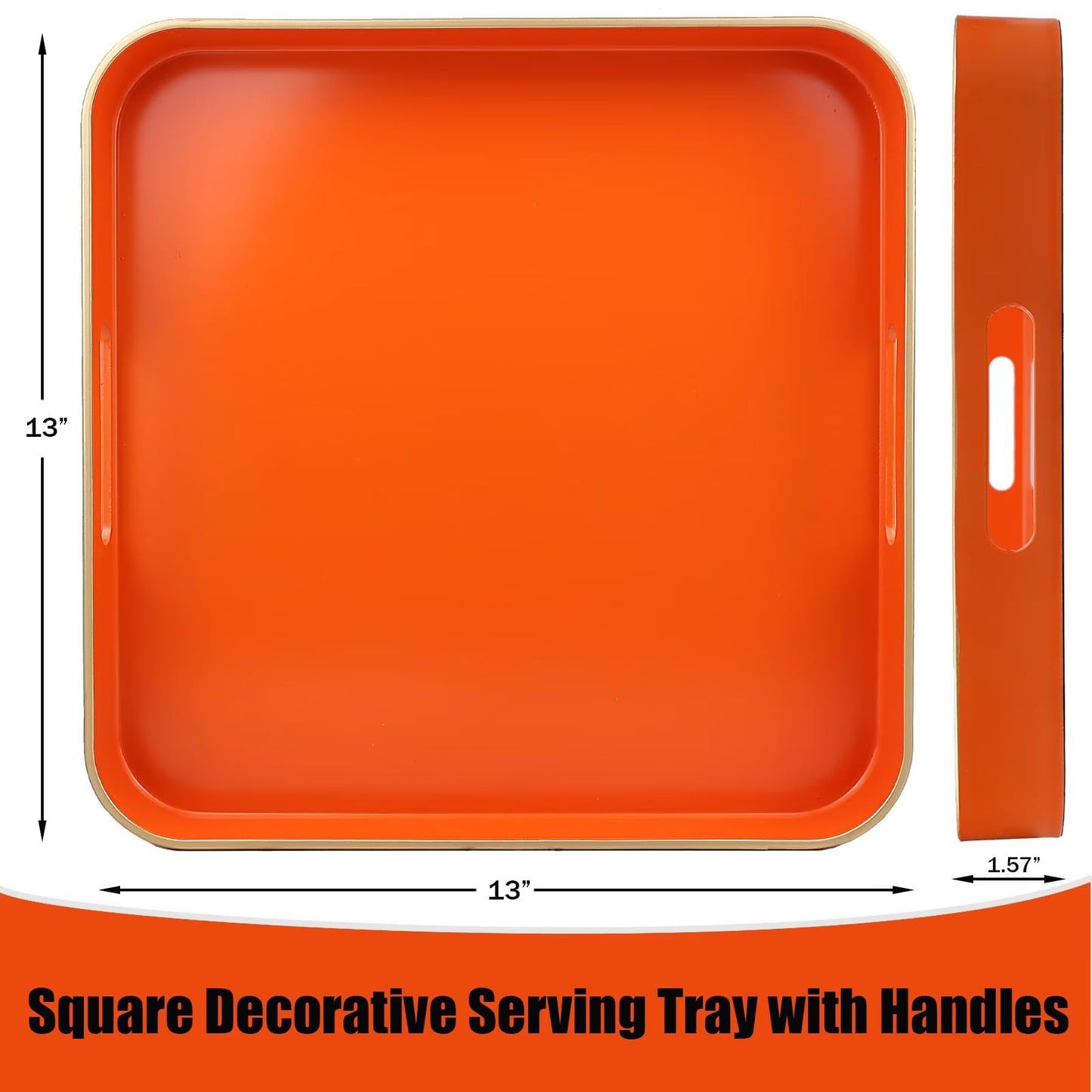 Omuriko Orange Square Decorative Tray with Handles, 13"*13" Versatile Serving Tray for Coffee Table, Ottoman, Ideal for Serving, Displaying, Organizing