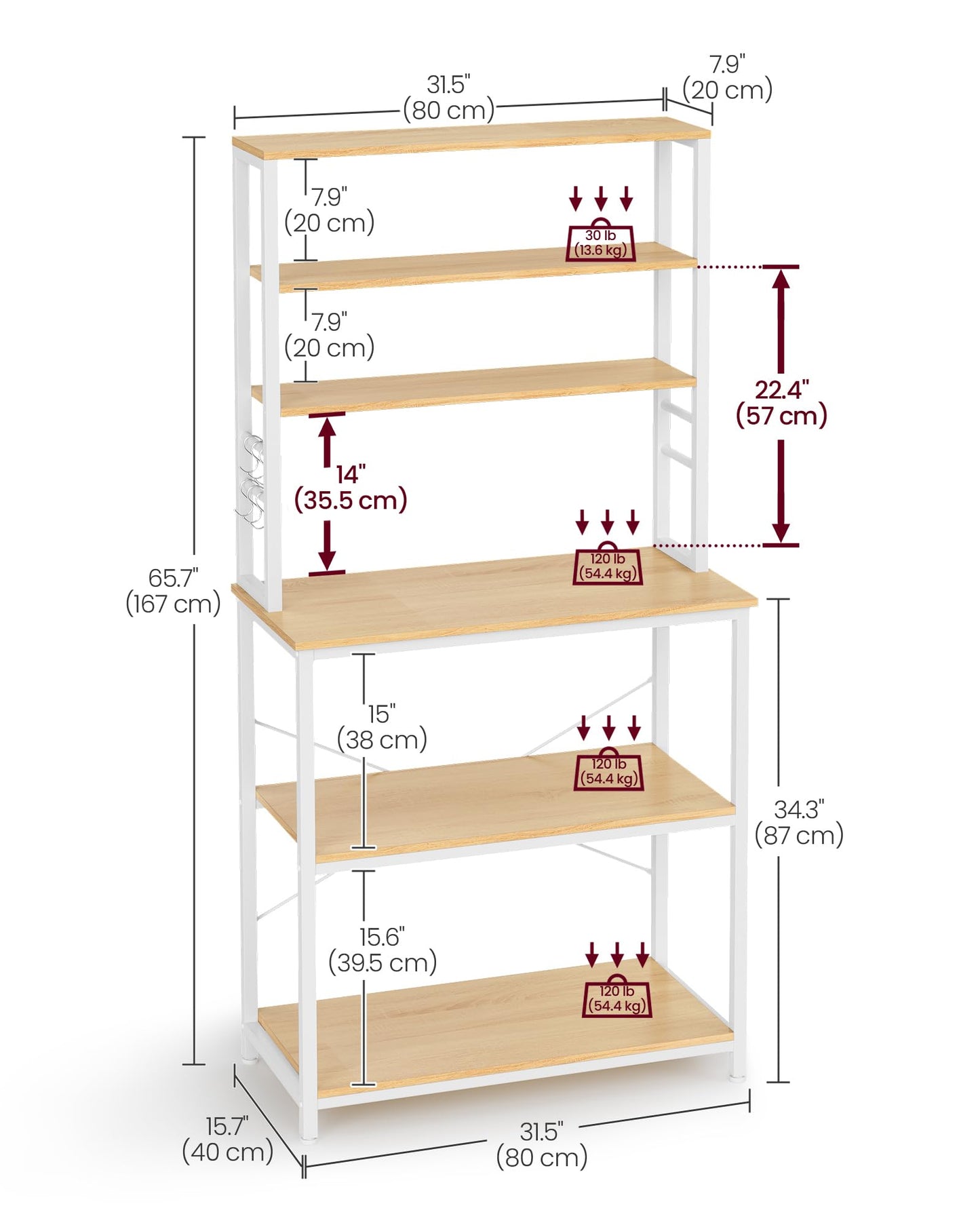 VASAGLE Coffee Bar, 31.5 Inches Baker's Rack for Kitchen with Storage, 6-Tier Kitchen Shelves with 6 Hooks, Microwave Stand, Modern, Golden Oak and Cloud White UKKS019W09