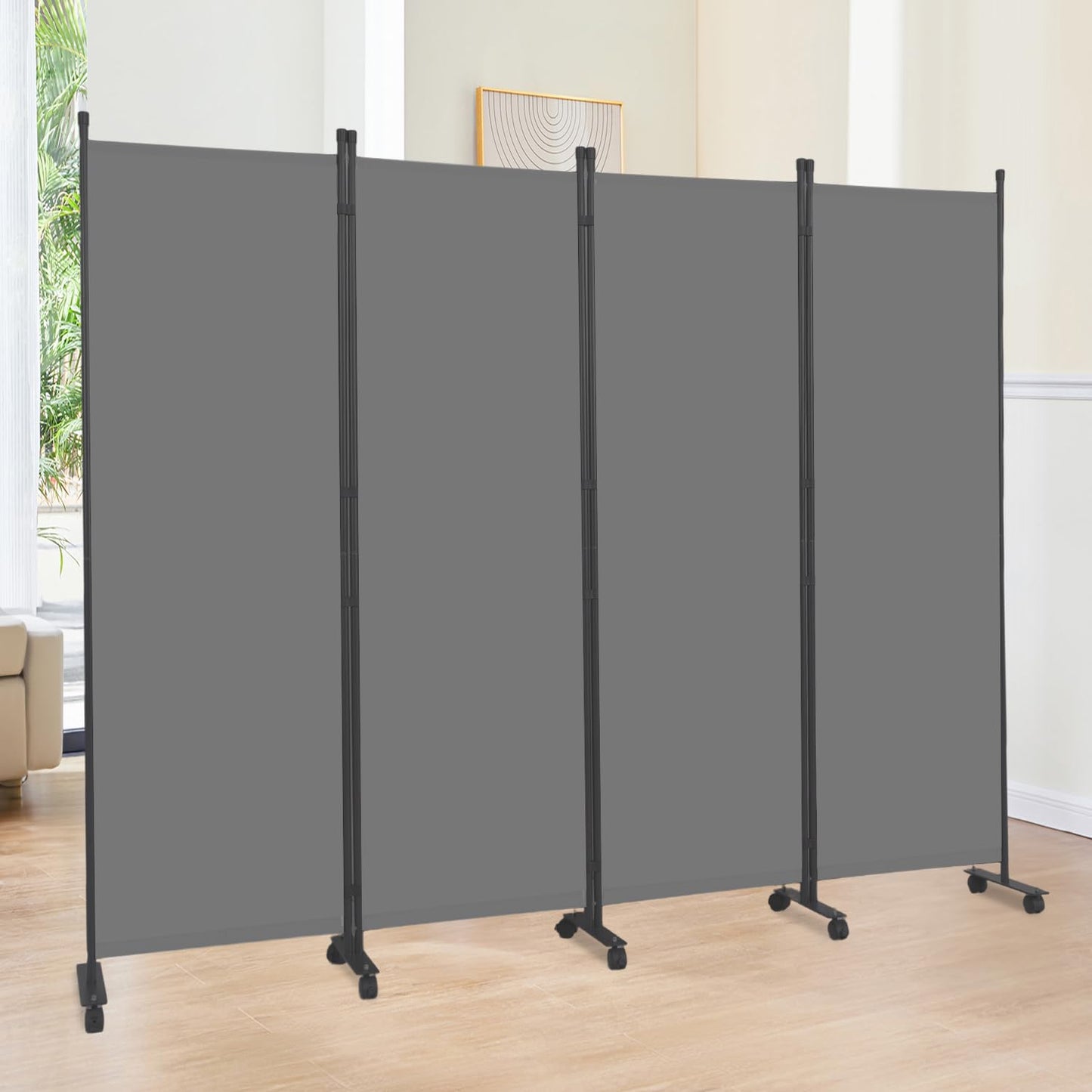 Room Divider 6FT Room Partition with Lockable Wheels, (Thicked Metal Base) Room Dividers, Freestanding Indoor Folding Privacy Screens, Portable Fabric Wall Divider for (Grey, 88"- 4 Panel)