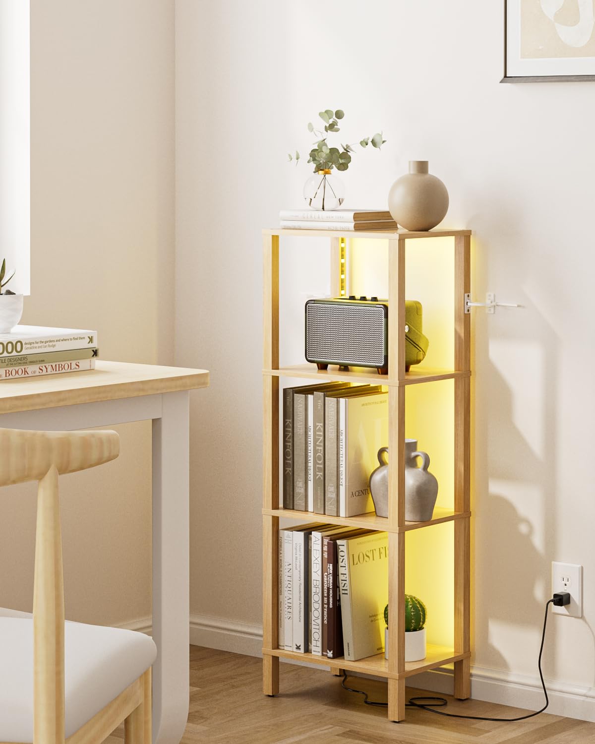 Apetaccat Open Book Shelf with LED Lights, 4 Tier Small Bookshelf, Freestanding Shelf Narrow Bookcase with Open Shelves, 14.96" x 10.63" x 41.26", Book Shelves for Living Room, Office, Study, Oak