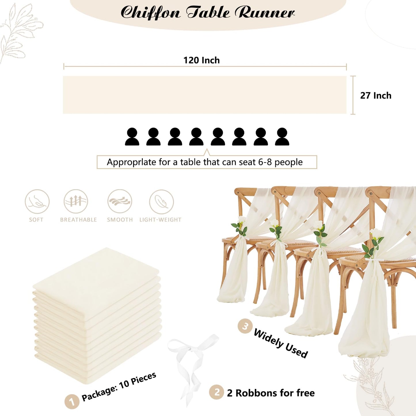 Ivory Chiffon Table Runner 10 Pieces 27x120 Inches Romantic Sheer Runners for Birthday Party Bridal Baby Shower Table Decoration