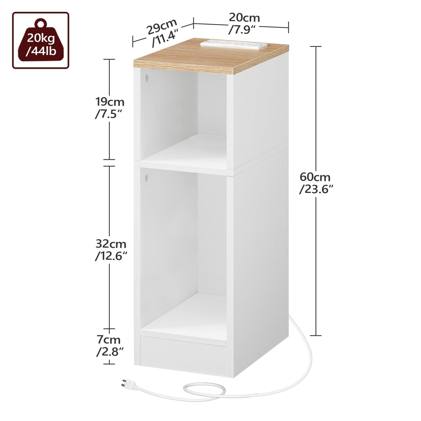 MAHANCRIS Narrow Nightstand, Narrow End Table with Charging Station, Skinny Bedside Table for Small Spaces, Mid Century Modern Night Stand for Bedroom, Living Roon, Natural and White ETNW30E01