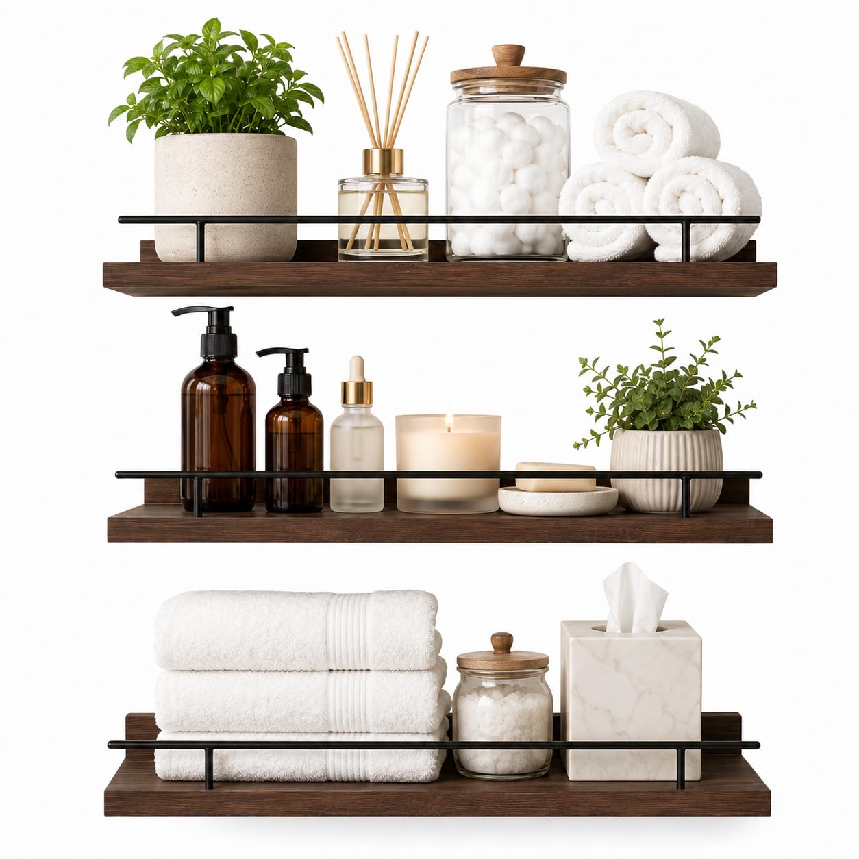 LRDZSWY 3-Tier Floating Shelves Wall Mounted, Rustic Wood Bathroom Shelves with Metal Guardrail, Heavy Duty Wall Storage Display Rack for Bedroom, Living Room, Kitchen and Office