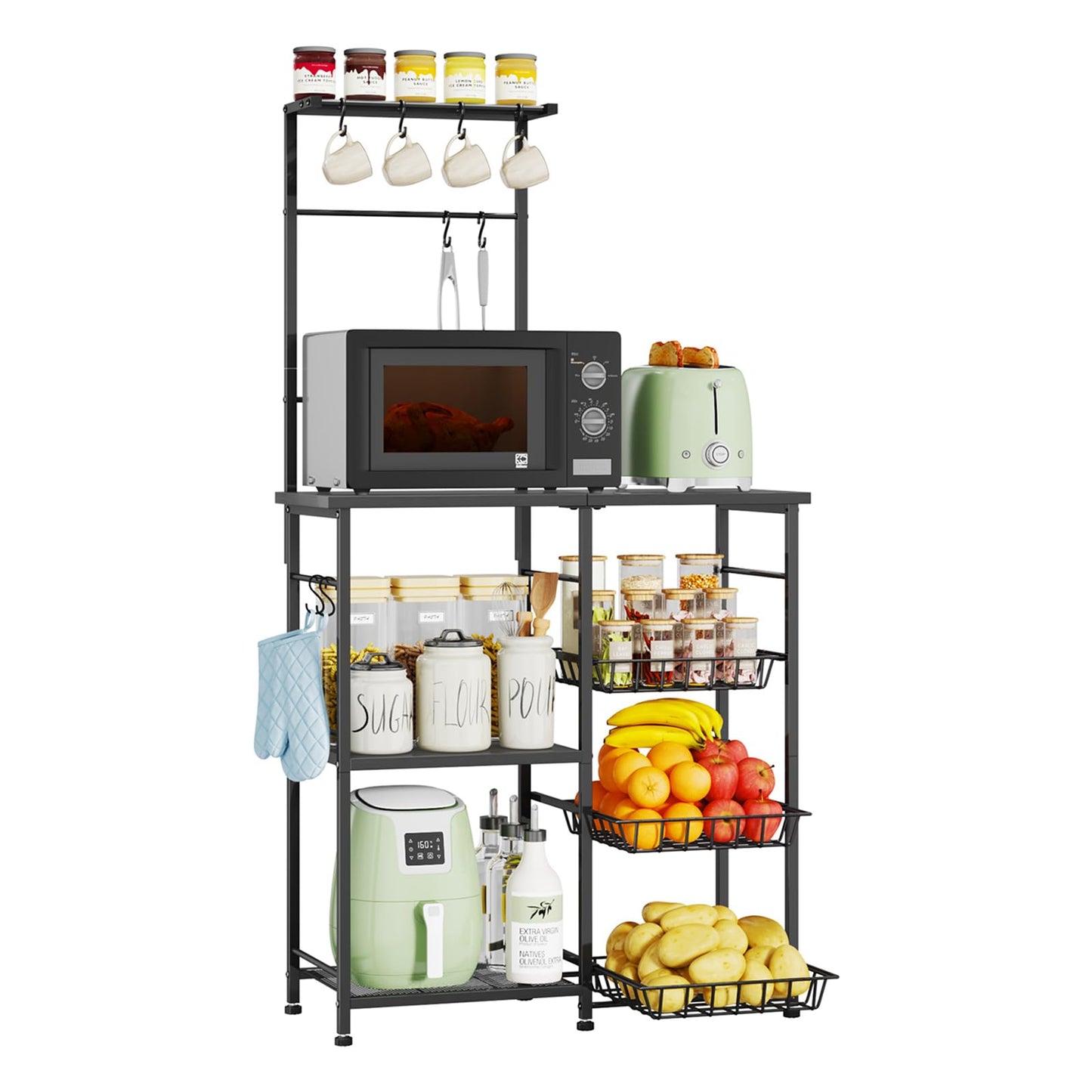 SWTYMIKI Bakers Rack with Storage - Coffee Bar Cabinet with Shelves, Coffee Station Organizer and Kitchen Stand with 8 Hooks, Baskets, Adjustable Feet for Kitchen Dining Room Pantry, Black