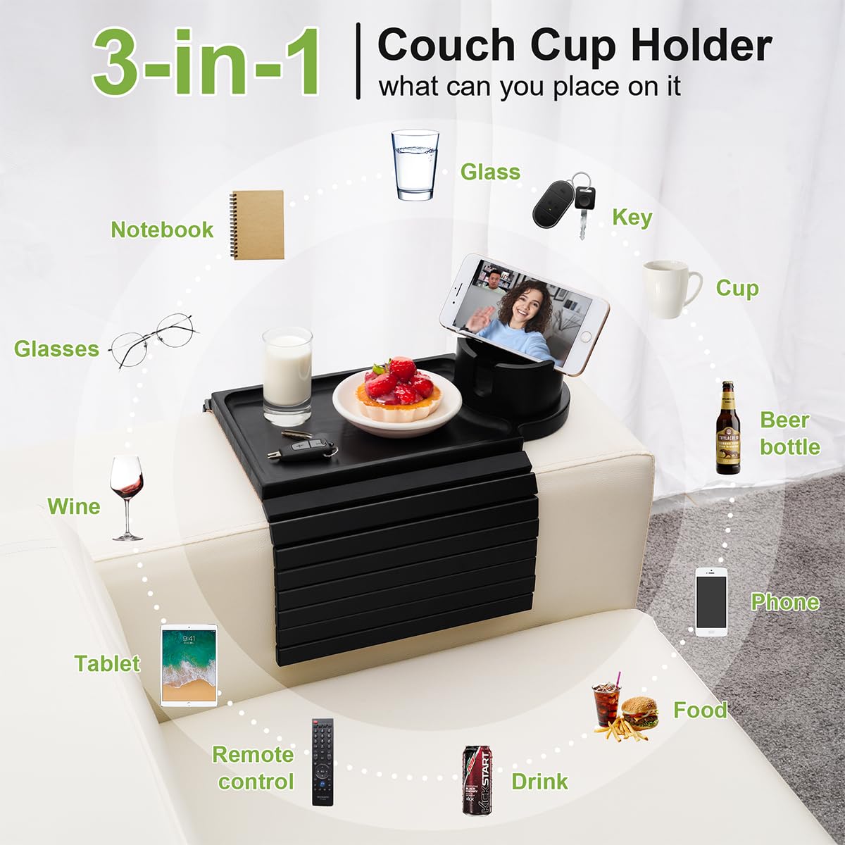 aisongdong Couch Cup Holder Tray - 3 in 1 Sofa Arm Tray with 360° Rotating Cup Holder & Phone Stand,Fits Various Couches Arm Widths - Anti-Slip Foldable Couch Arm Tray for Snacks, Cellphone Remote