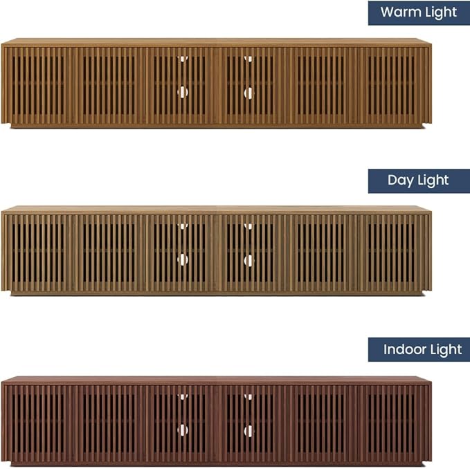 POVISON Full Assembled Mid Century Modern TV Stand, Wood Slatted Media Console