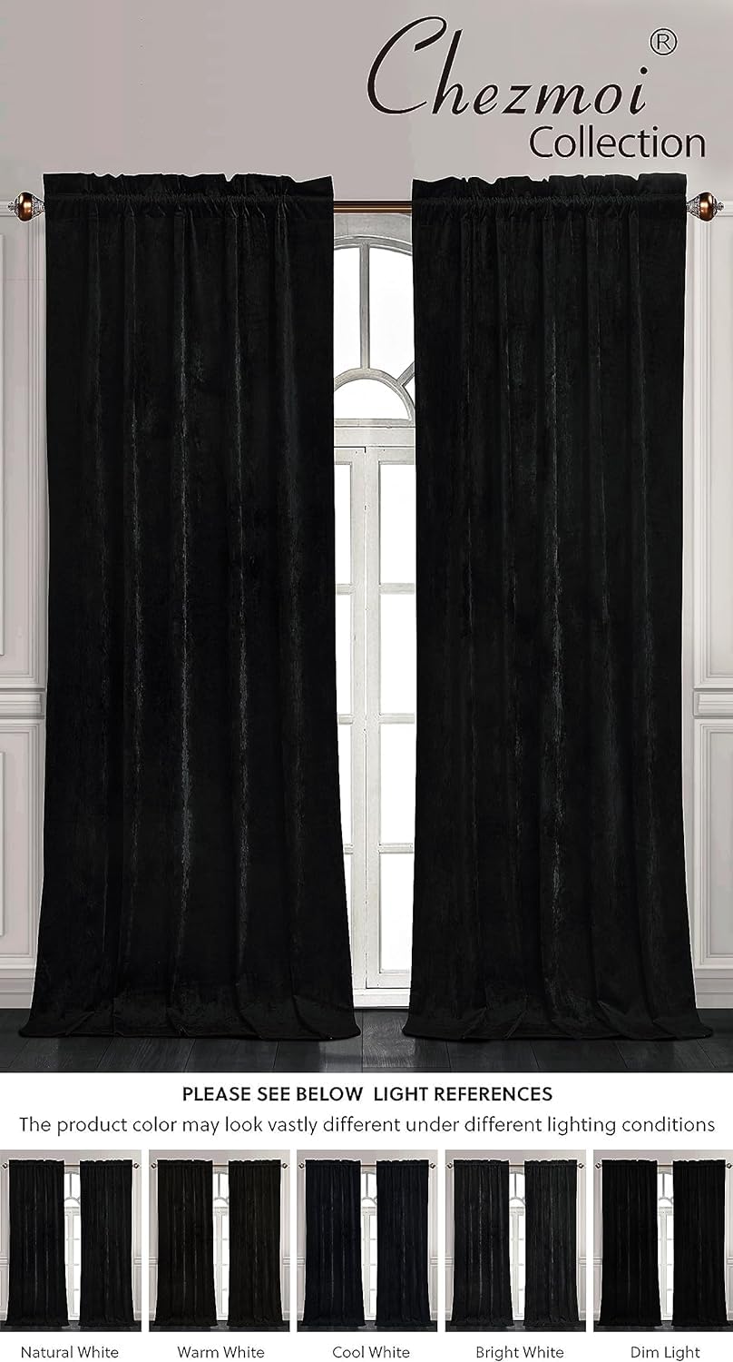 Chezmoi Collection Lux Black Crushed Velvet Curtains 2 Panel Set - 96 inches Long Room Darkening Luxury Distressed Velvet Rod Pocket Window Drapes for Living Room Bedroom 50" W x 96" L