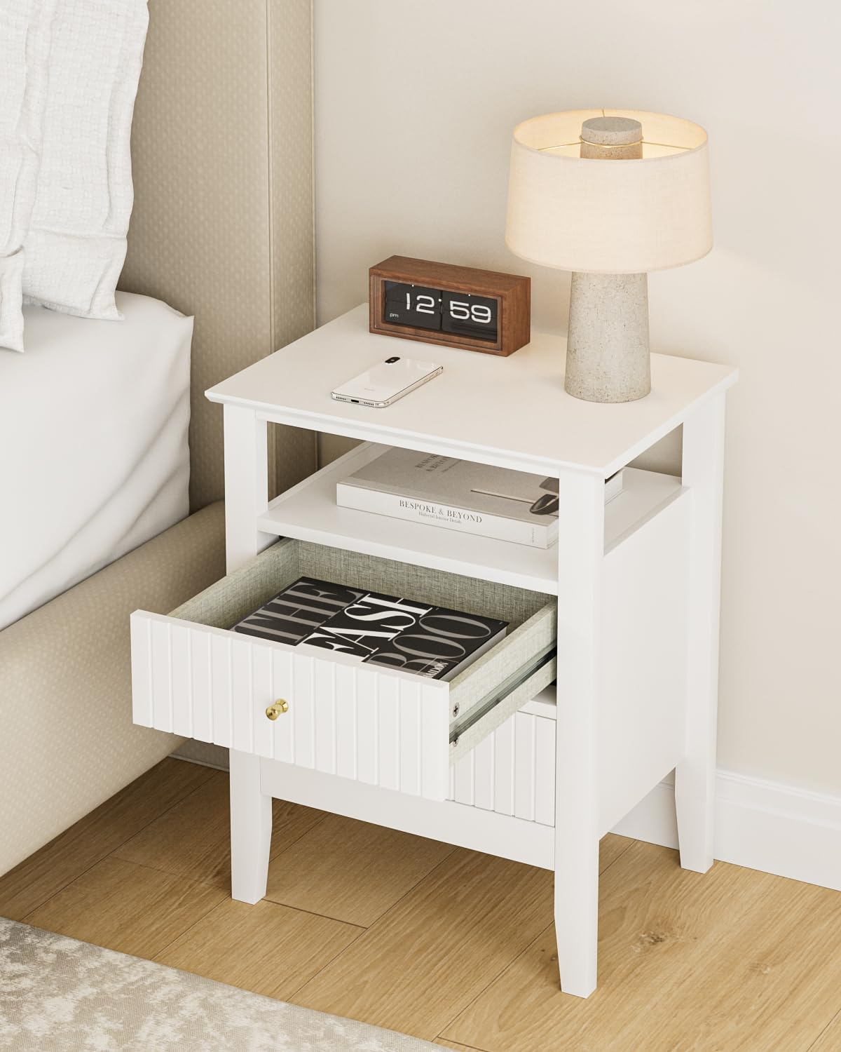 Apetaccat Fluted Nightstand, Farmhouse Night Stand with 2 Drawers, Mid Century Modern Side Accent Table,Bedside End Table for Bedroom, Living Room, White