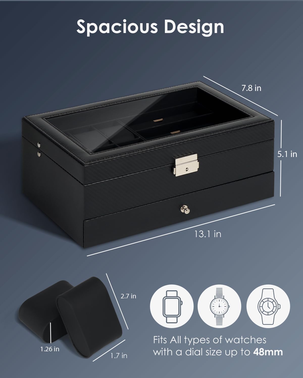 Kukikan Watch Jewelry Box Organizer, 6-Slot 2-Layer Case and Sunglasses Storage with Large Glass Lid, Men's Jewelry Box with Lock, Watch Holder Display Case, Fathers Day Gift, All Black