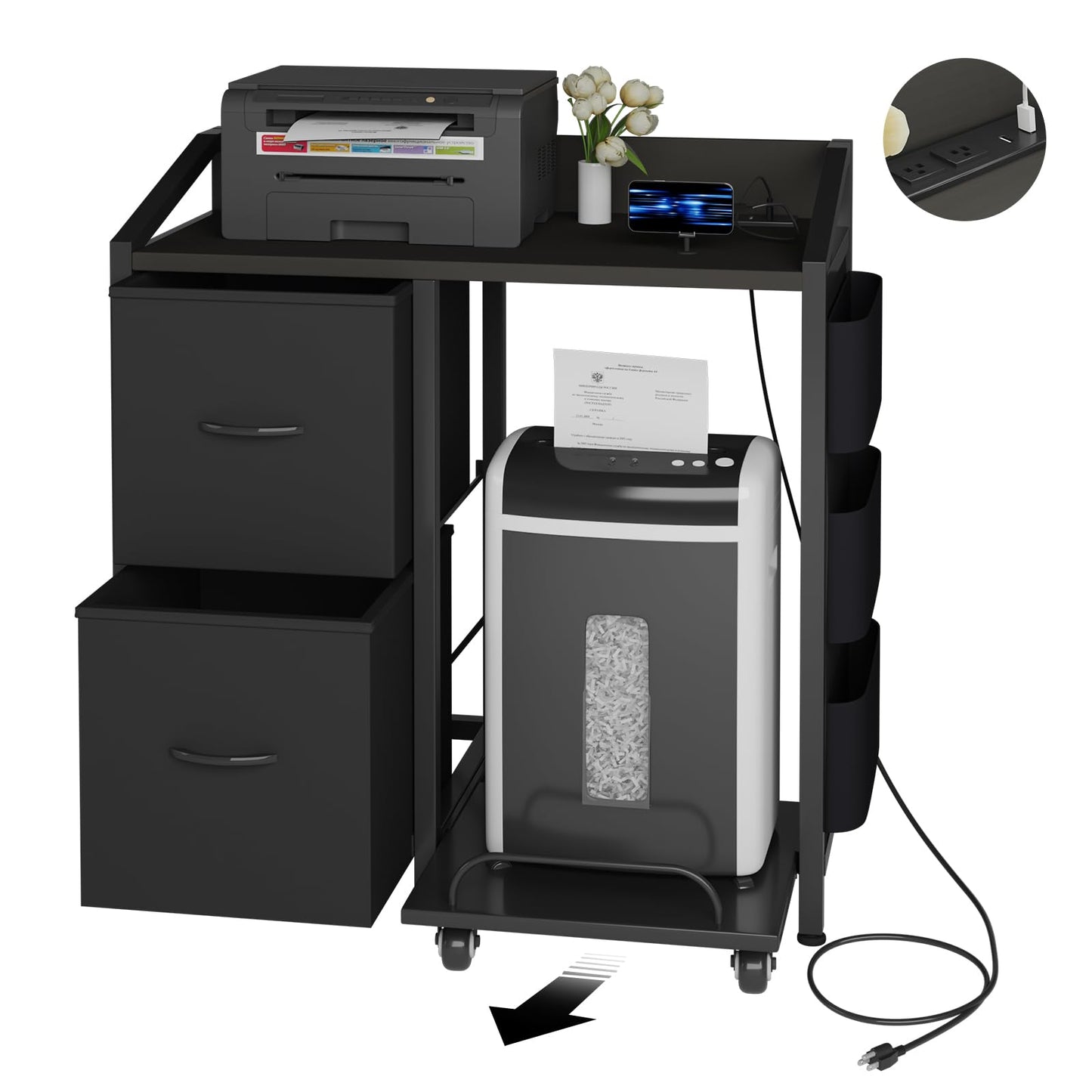 WODRAWER Printer Stand with Storage, Lateral Office Filing Cabinets with Power outlets & USB Charging Port, File Cabinet with Large Printer Stands for Home Office, Shredder Stand Rack (Black)