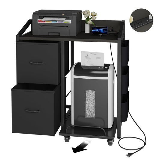 WODRAWER Printer Stand with Storage, Lateral Office Filing Cabinets with Power outlets & USB Charging Port, File Cabinet with Large Printer Stands for Home Office, Shredder Stand Rack (Black)
