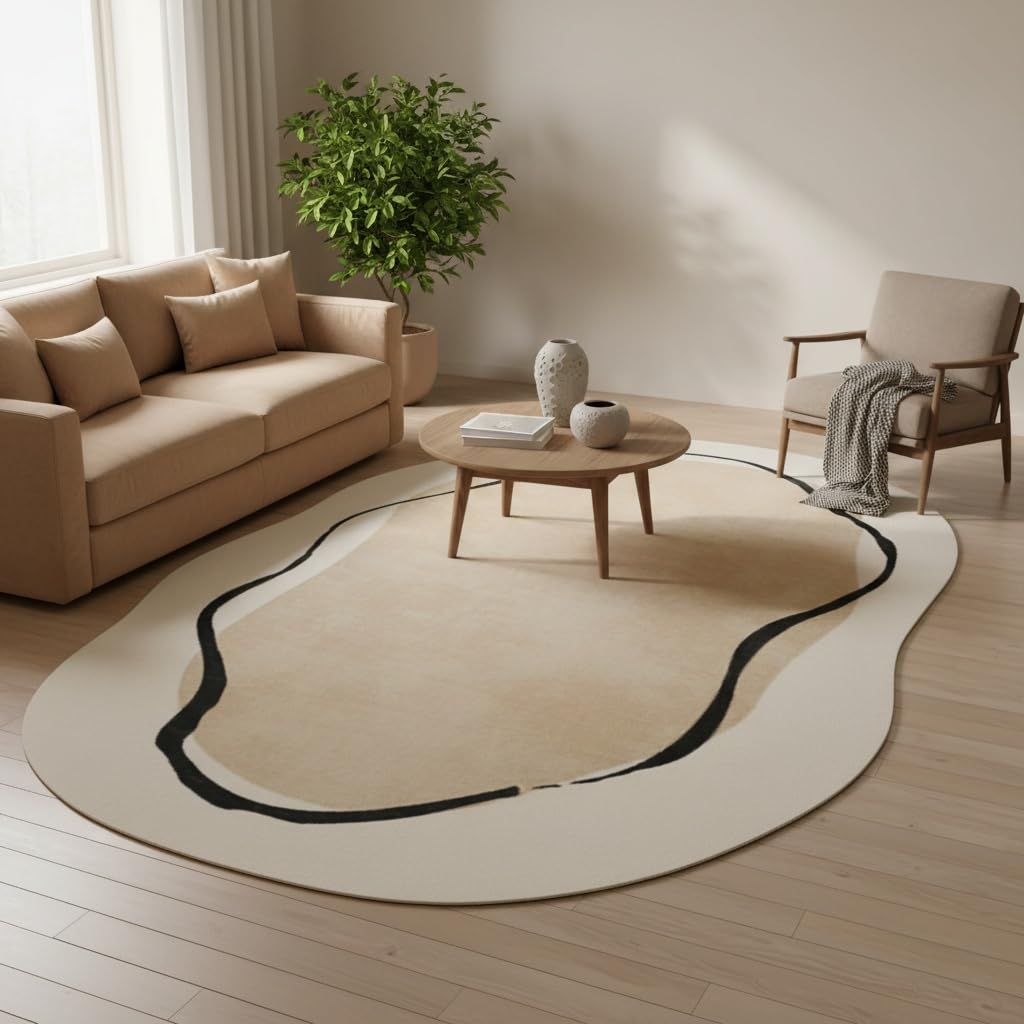 Beige Brown Irregular Shape Rug 5x8 Modern Abstract Black Striped Irregular Rug for Bedroom Diningroom Living Room Washable Odd Shaped Rugs Minimalist Aesthetics Home Office Guestroom Indoor Carpet
