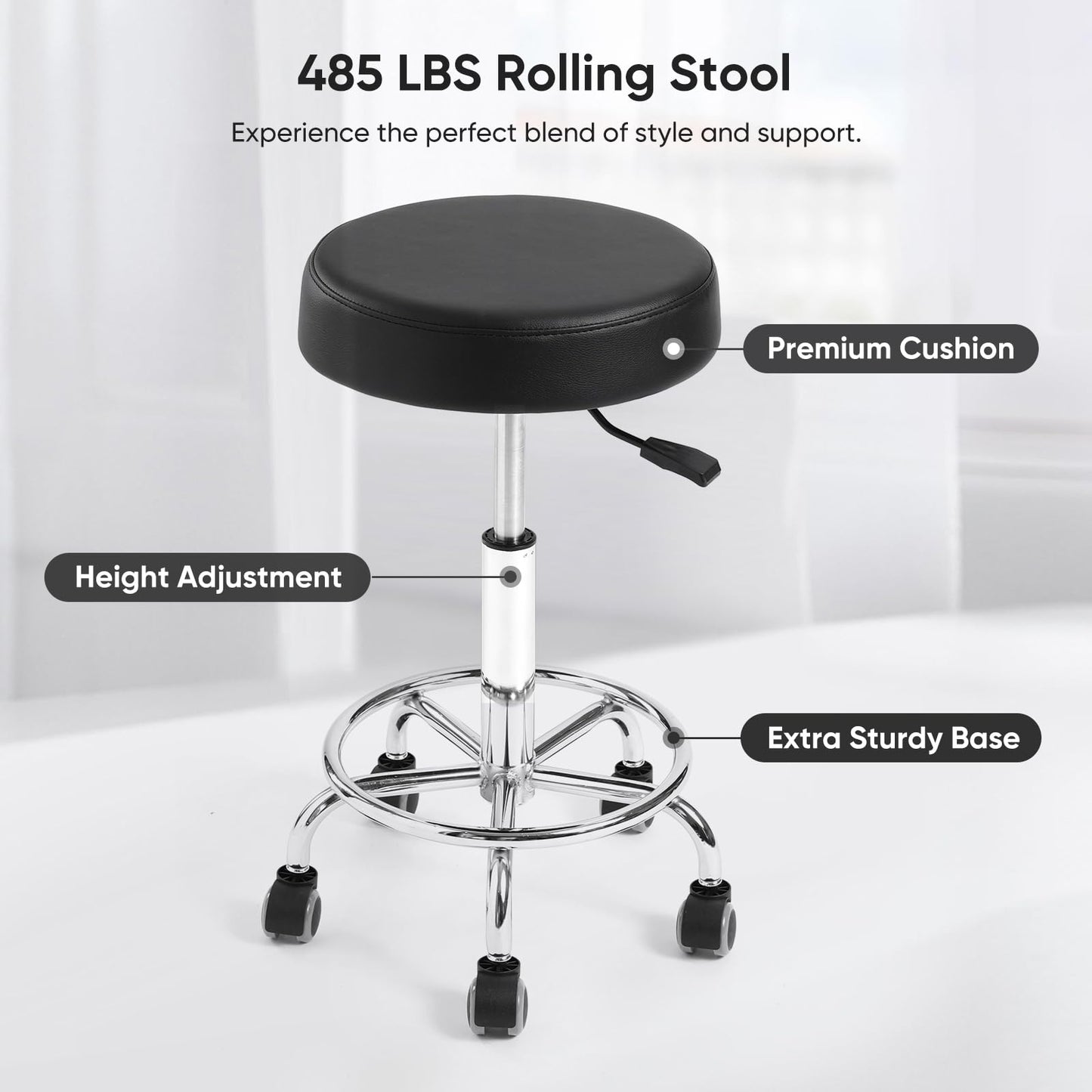 Ailyful Adjustable Rolling Stool with Wheels & Footrest, 485lb Capacity Drafting Stool Chair, Swivel Salon Spa Tattoo Medical Office Chair, Black