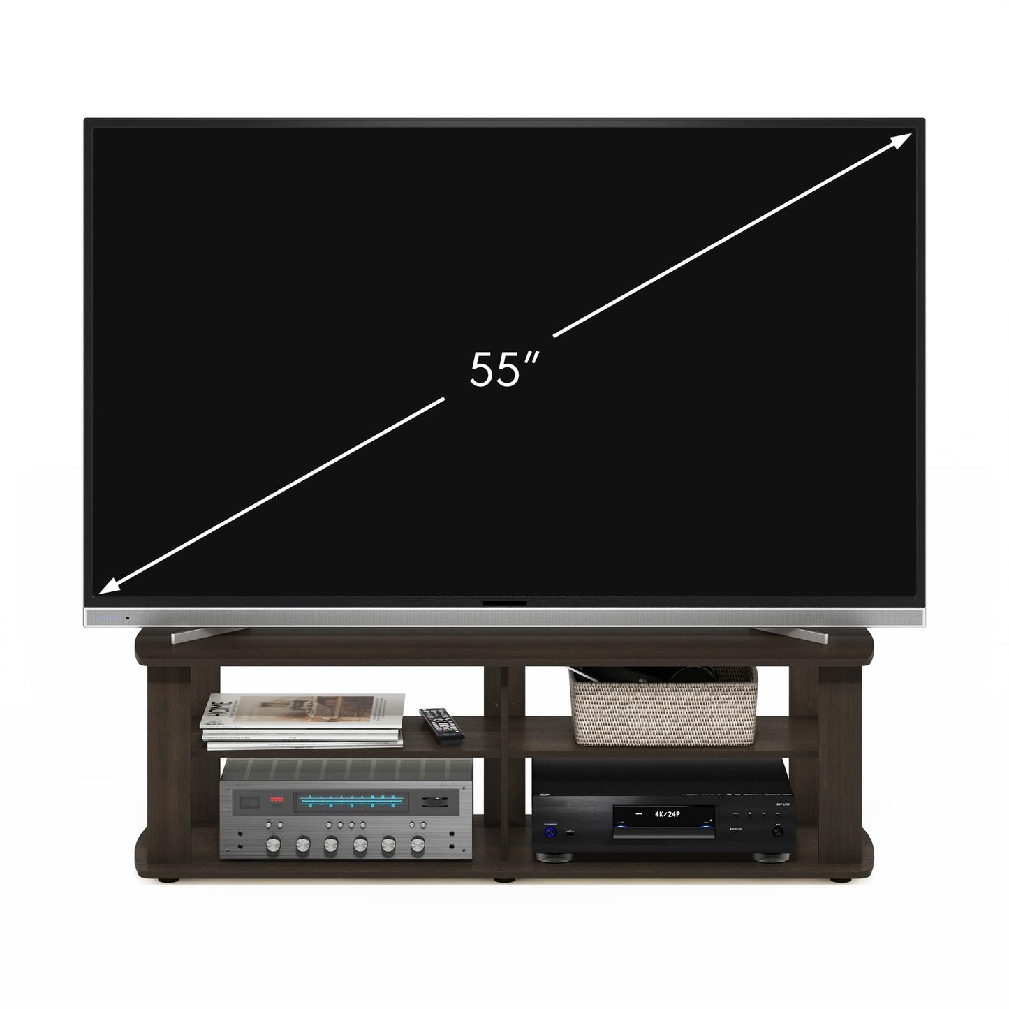 Furinno Nelly TV Stand, 3-Tier Entertainment Center with Open Shelves Storage, TV Console for TV up to 55 Inch, Soft Edges, for Living Room, Bedroom, Dark Brown