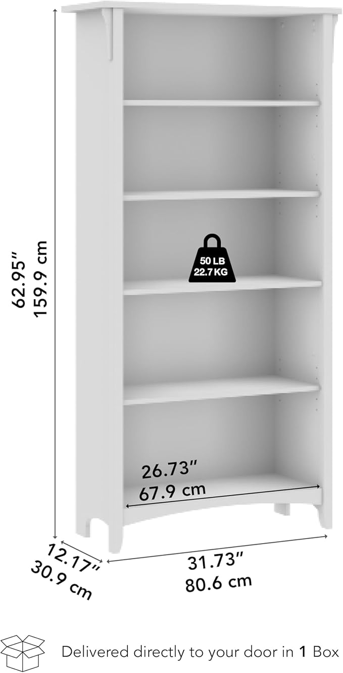 Bush Home Salinas 5 Shelf Bookcase in Antique White, Tall Bookshelf, Large Book