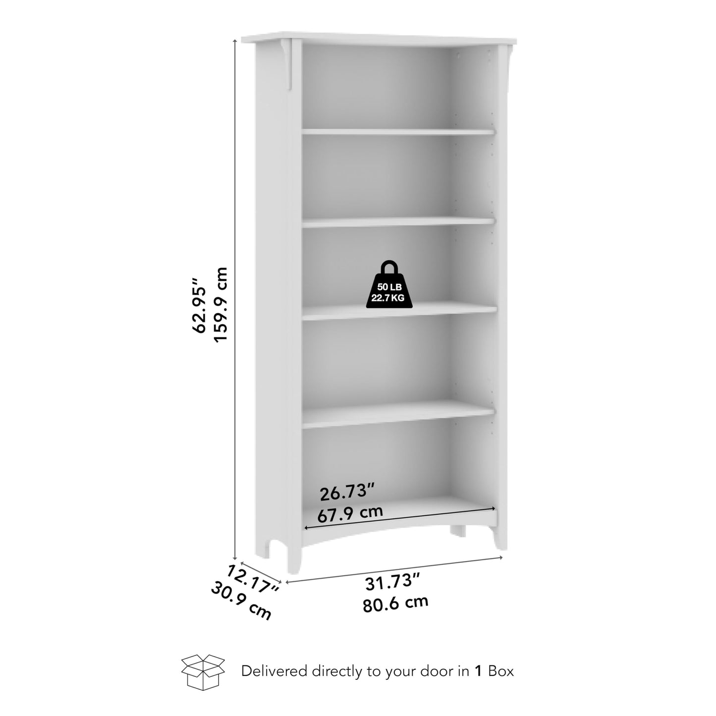 Bush Home Salinas 5 Shelf Bookcase in Cape Cod Gray, Tall Bookshelf, Large Book Shelf for Living Room, Home Office, or Entryway