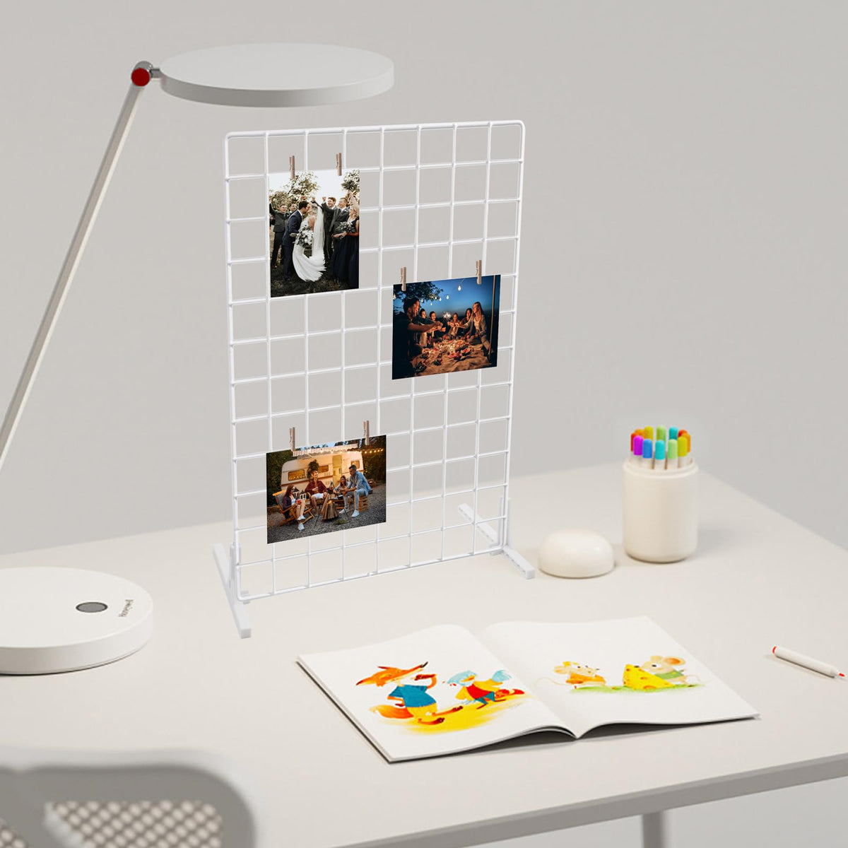 2 Sets Grid Wall Countertop Decorative Panel for Photo Display, Tabletop & Wall Mounted Display Wire Gridwall with T-Base, Mini Wood Clips & Adhesive Hooks for Shows Retail Crafts Artistic Drawings
